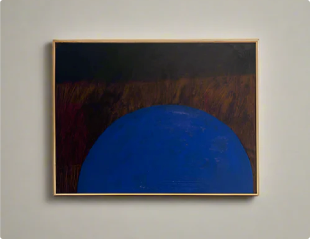 Abstract painting featuring a large blue semi-circle against a dark background, framed in light wood.