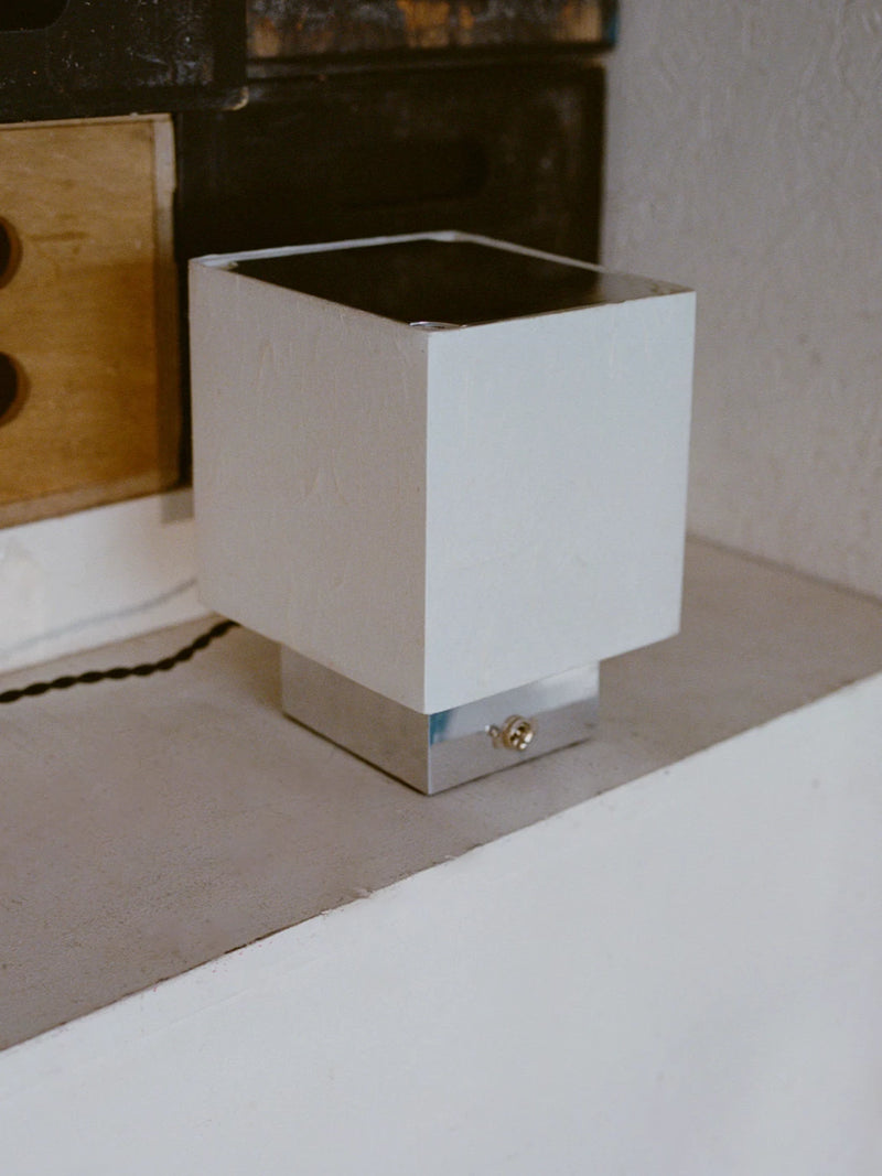 Modern white cube table lamp with black shade by J.Hannah