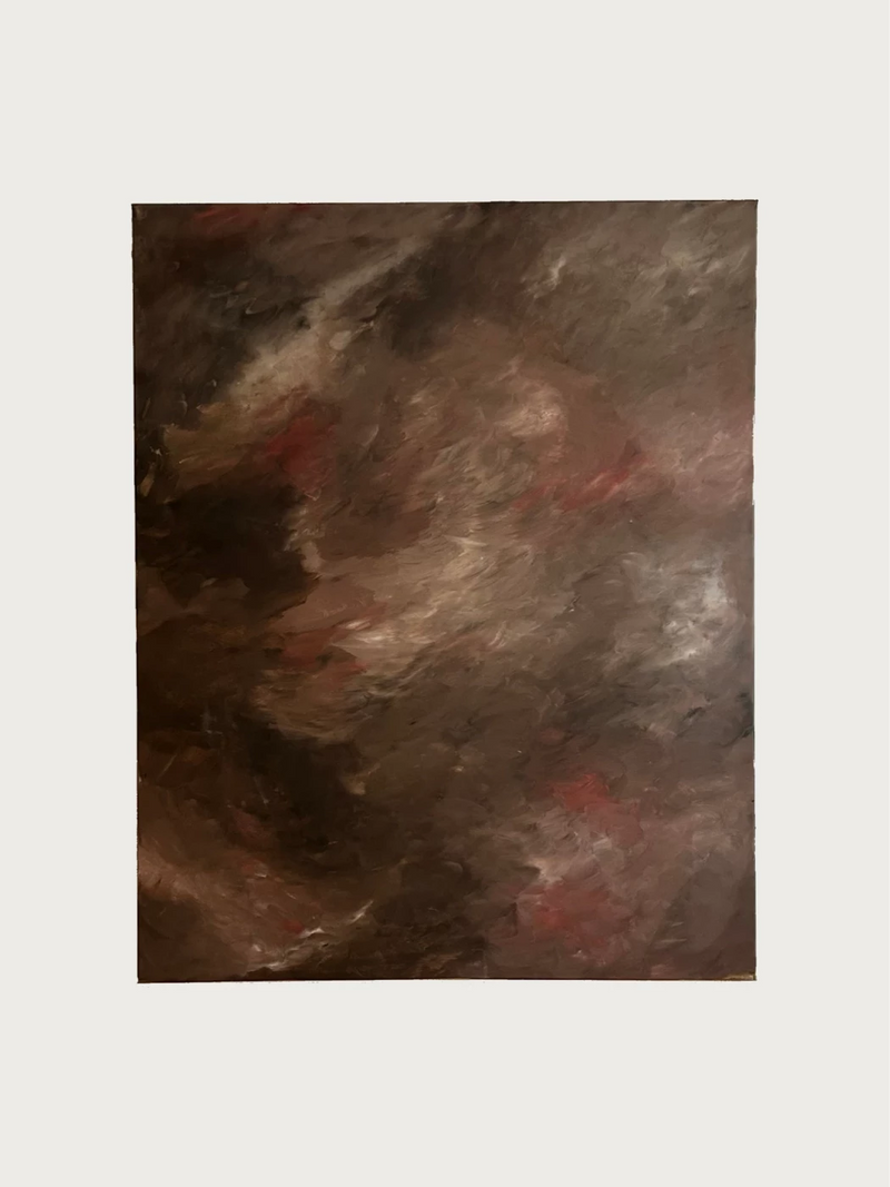 Abstract expressionist painting with swirling brown and crimson tones