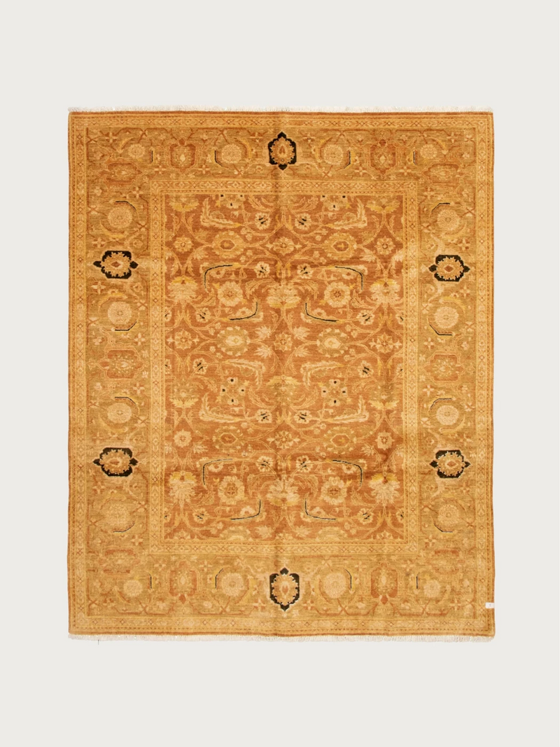 The Chobi Rug in Ardor by catalog:three (239 x 292 cm) is a square, ornate wool rug with intricate floral and geometric patterns, dark accent medallions at corners and edges, and a light background.