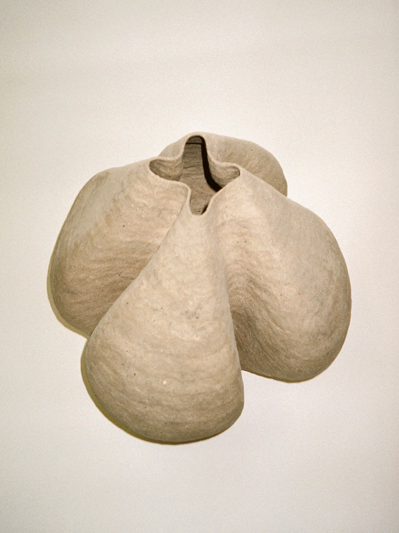 Growing Vase n.4 by Aiste Bagdonaite—this beige, abstract stoneware sculpture features smooth, rounded, petal-like forms radiating from a central hollow, making it a truly unique piece.