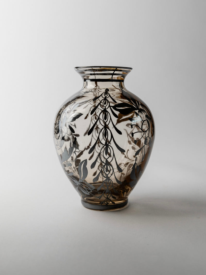 Italian silver overlay glass vase with botanical motifs, 1930s