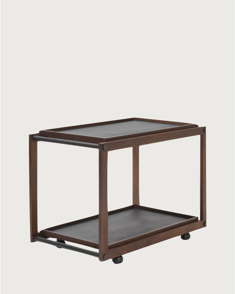 Modern brown serving trolley with two shelves and casters by Giobagnara