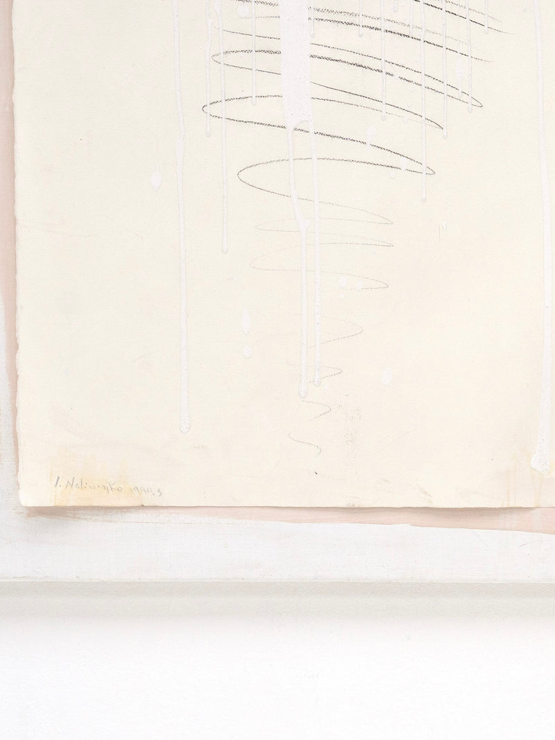 Abstract Mixed Media Composition by J. Naliwajko (1938–2017), 1990, from Tom Bogle: minimal abstract art on rough-edged off-white paper, with faint pencil marks, white paint drips, a subtle yellow signature, and mounted on a white background.