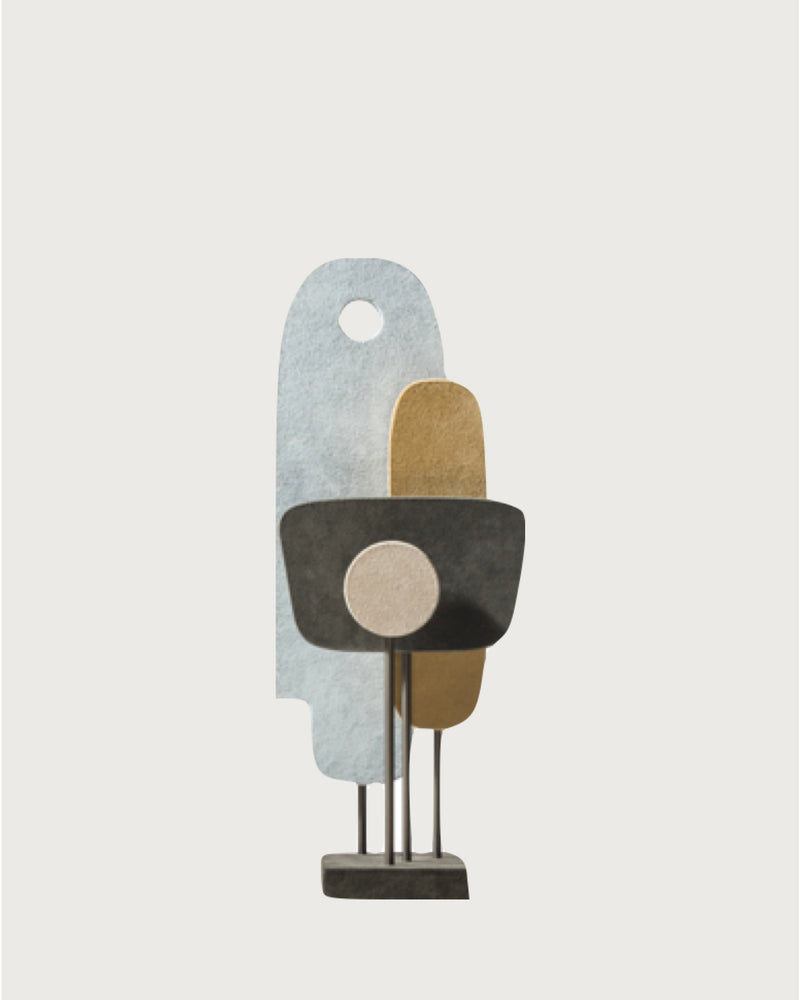Modern abstract sculpture with light blue geometric forms and dark bronze base