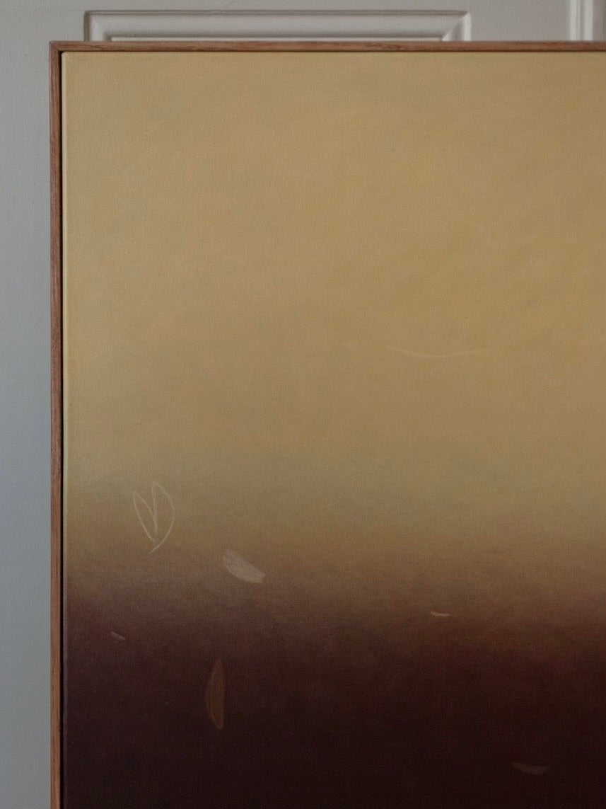 The "Something(s) in the air" 2024 Painting, created by Rebecca von Matérn, showcases minimalist acrylic artwork on canvas. It features a warm gradient of colors that flows from light beige at the top to dark brown at the bottom. The piece is beautifully encased in a simple oak frame with delicate abstract shapes emerging from the soothing gradient.