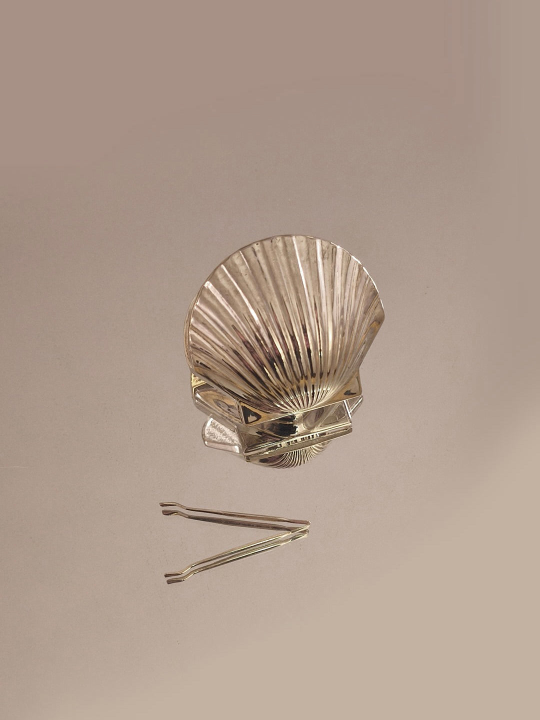 A Small Shell Box by Les Objoies is exhibited on a reflective surface, accompanied by a pair of metal tongs. Perfect for storing delicate jewelry, this silver-plated, seashell-shaped bowl is set against a smooth, neutral background.