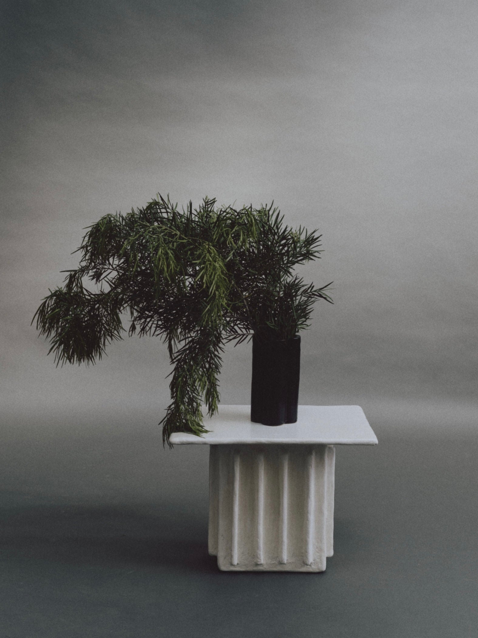 A black vase with green foliage drapes elegantly over a white, textured Columnar Side Table by Ombia Studio, crafted from raw plaster, set against a moody gradient gray background.