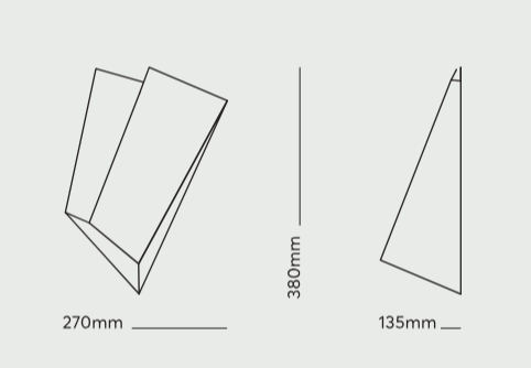 Two line drawings of geometric shapes with measurements: on the left, a pair of rectangles leaning together at 270mm wide, and on the right, a mirrored polyhedron standing at 380mm tall and 135mm wide using Mariza Galani's Katoptris Nickel.