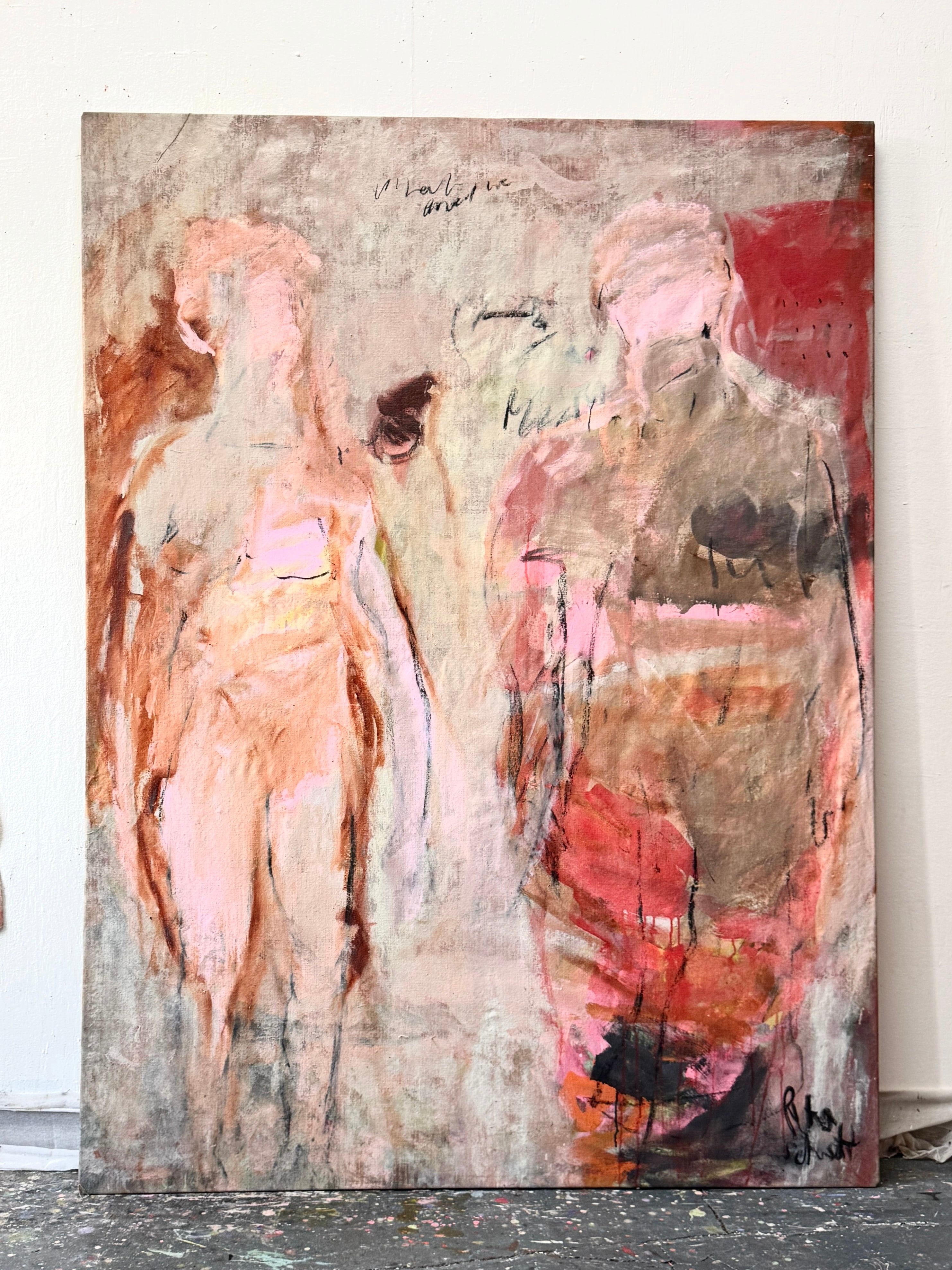 Petra Schott's 'What We Love' presents an abstract oil on canvas with two human-like figures in soft pinks and earth tones. The textured background, full of dynamic brushstrokes, evokes a fictional reality. Signed on the bottom right corner.