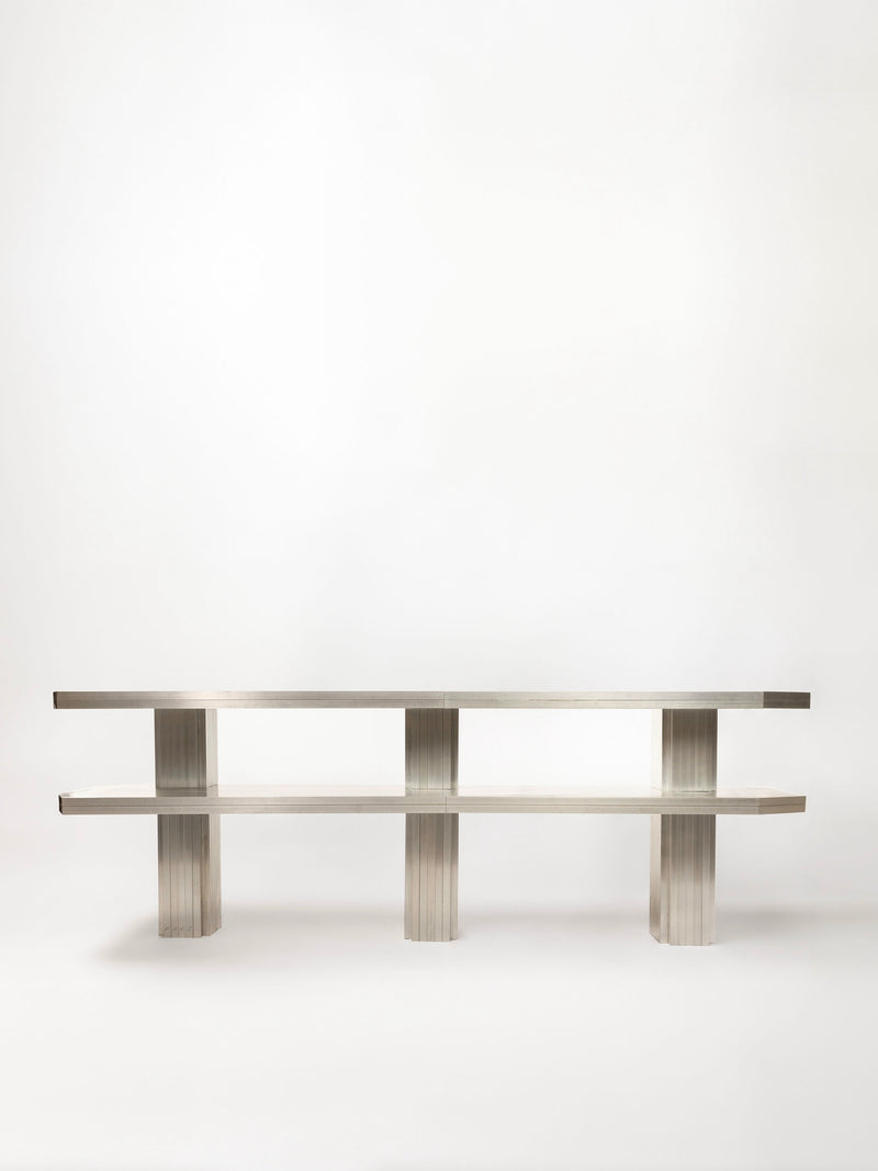 Modern aluminum shelving unit with cylindrical supports and dual horizontal platforms