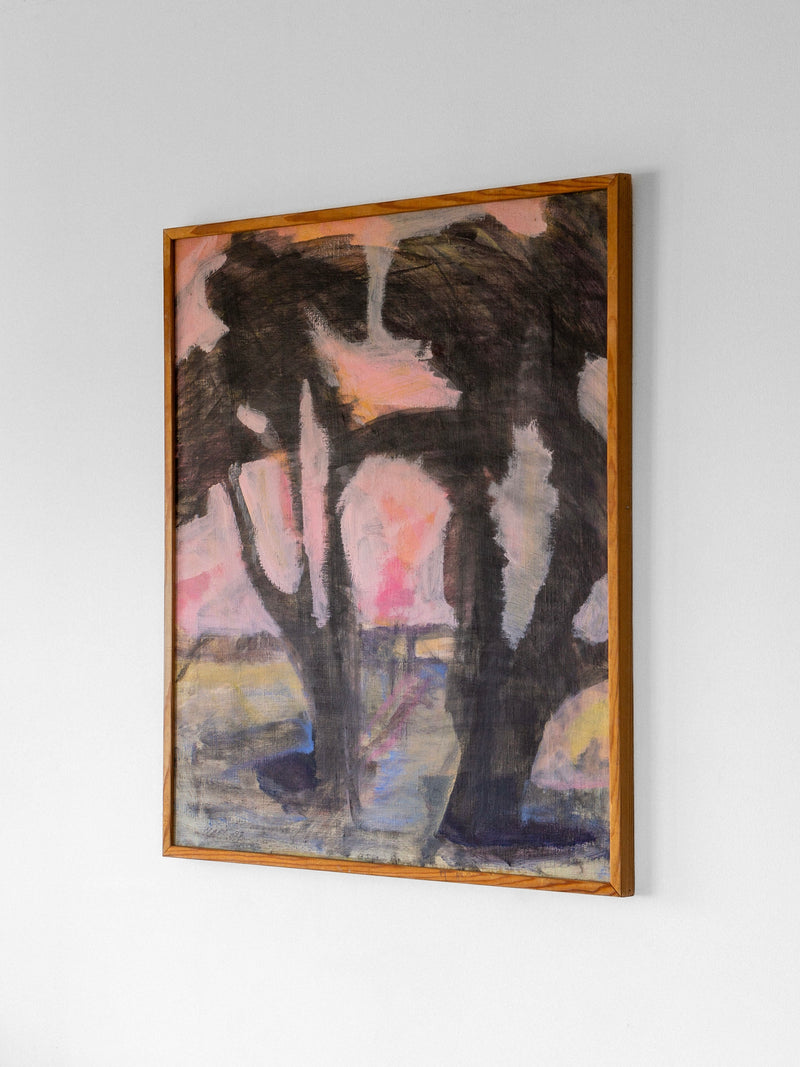 A framed Spigel Vintage Abstract Landscape Painting from Sweden in the 1980s depicts dark, tree-like shapes against a backdrop of muted pink and light grey hues. This stunning oil painting is displayed on a light grey wall, blending seamlessly with its surroundings.