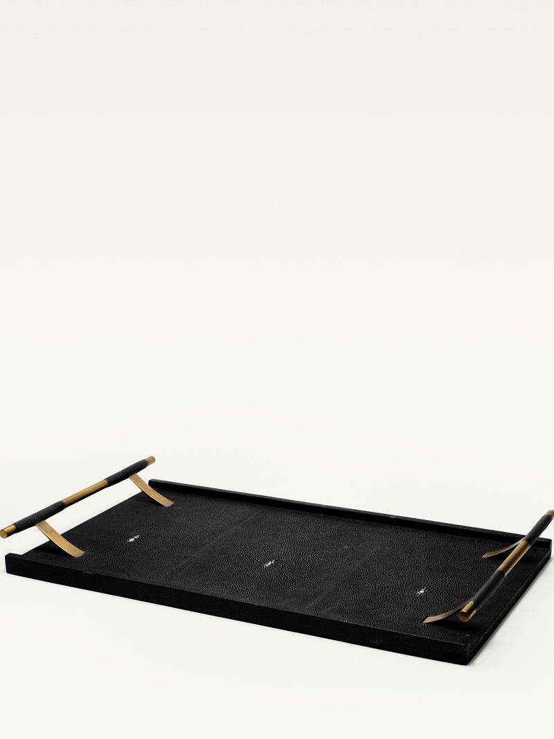 The Galerie MLS Black Shagreen Tray is rectangular with a textured surface and bronze patina brass handles, inspired by R&Y Augousti, shown on a plain white background.