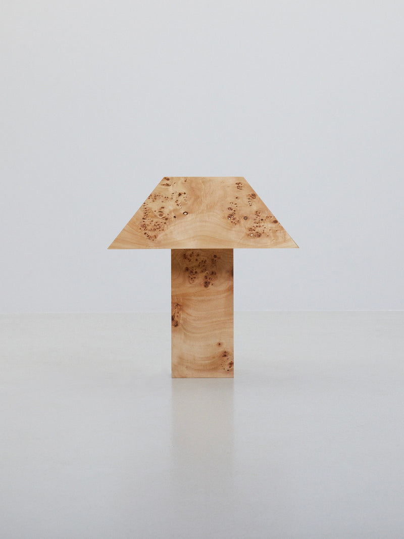 Burl wood table lamp with geometric trapezoid shade design
