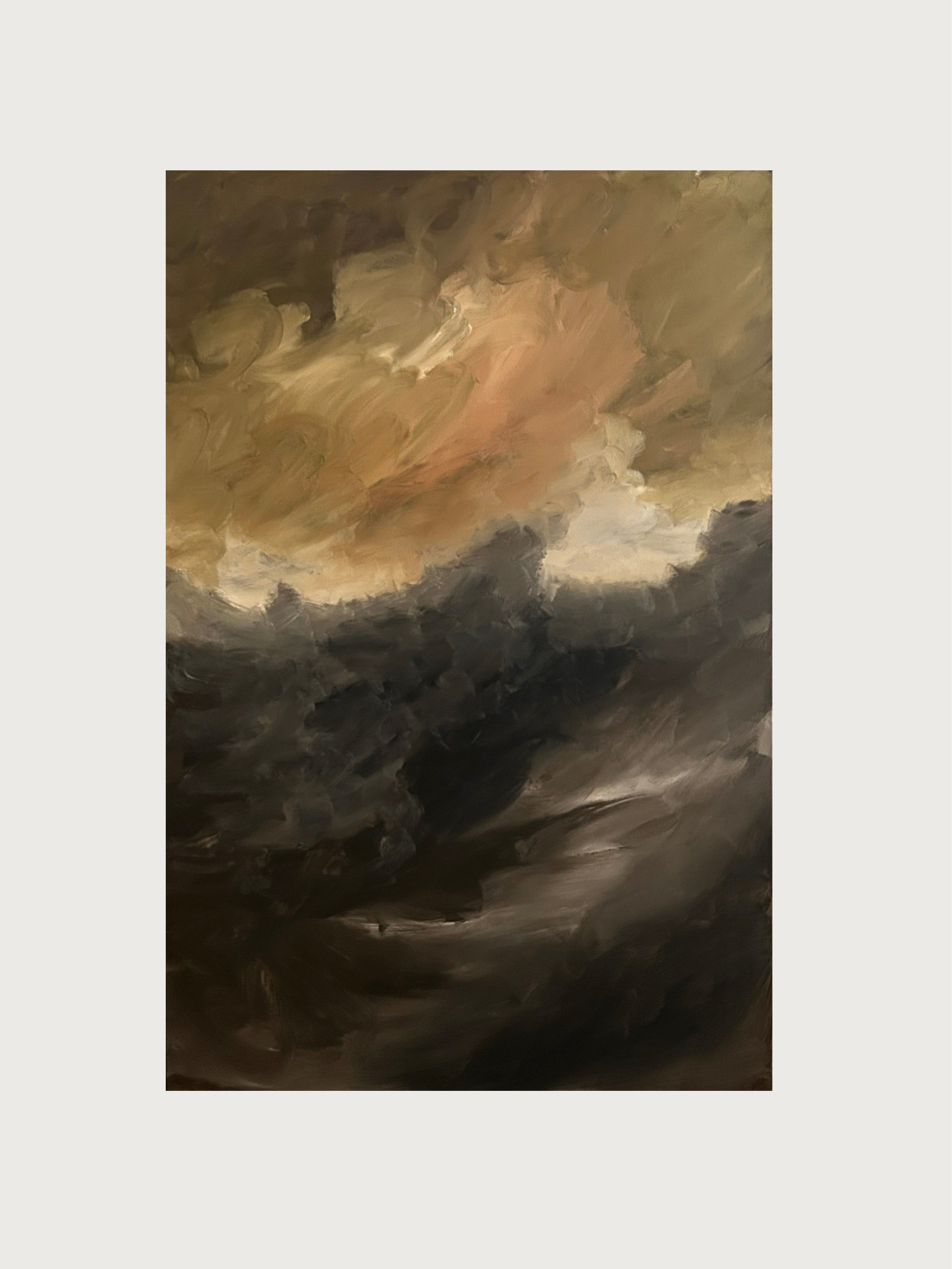 The "Whispering Peaks" painting by Mattias Storm showcases warm hues blending into darker shades. The upper section features swirling golden and peachy tones that evoke a sunset sky, while the lower section transitions into deep grays and blacks using mixed media, creating a somber mood.