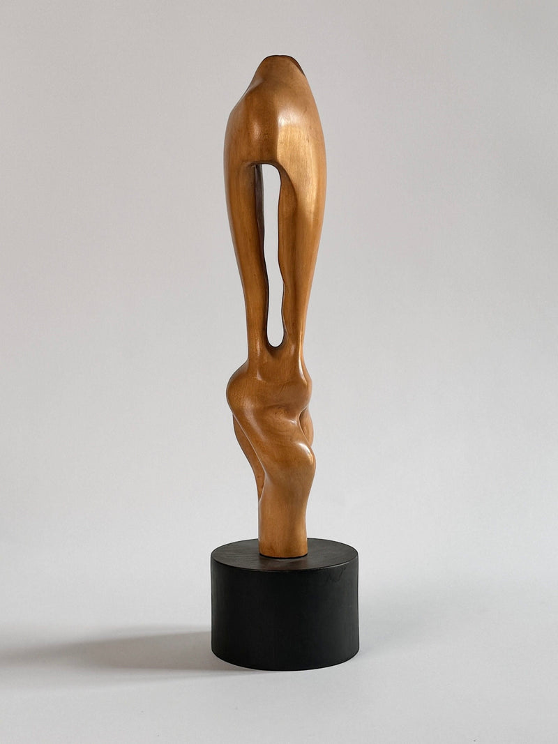 A varnished walnut wood sculpture by Pierre Dedieu from Figuresdesign is mounted on a cylindrical black base. This unique piece features smooth, curved lines with an open central area, resembling an elongated, organic form. The background is plain white.