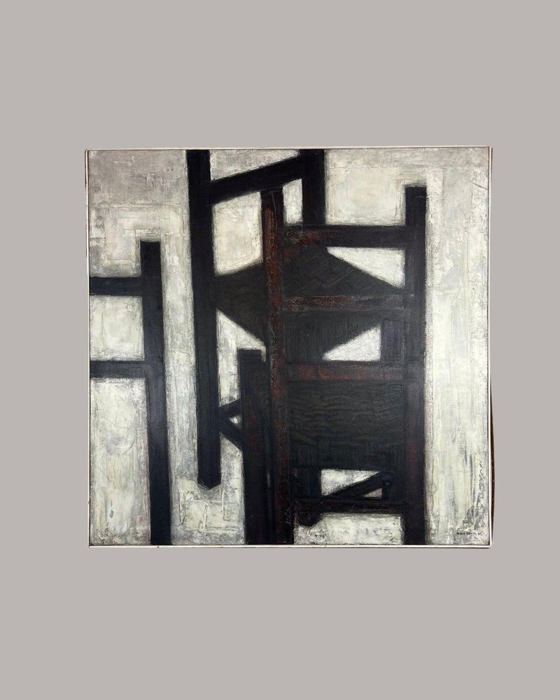 Abstract painting of two black chairs on white textured background