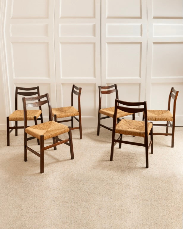 Set of 6 vintage Italian dining chairs with woven rush seats, 1960s