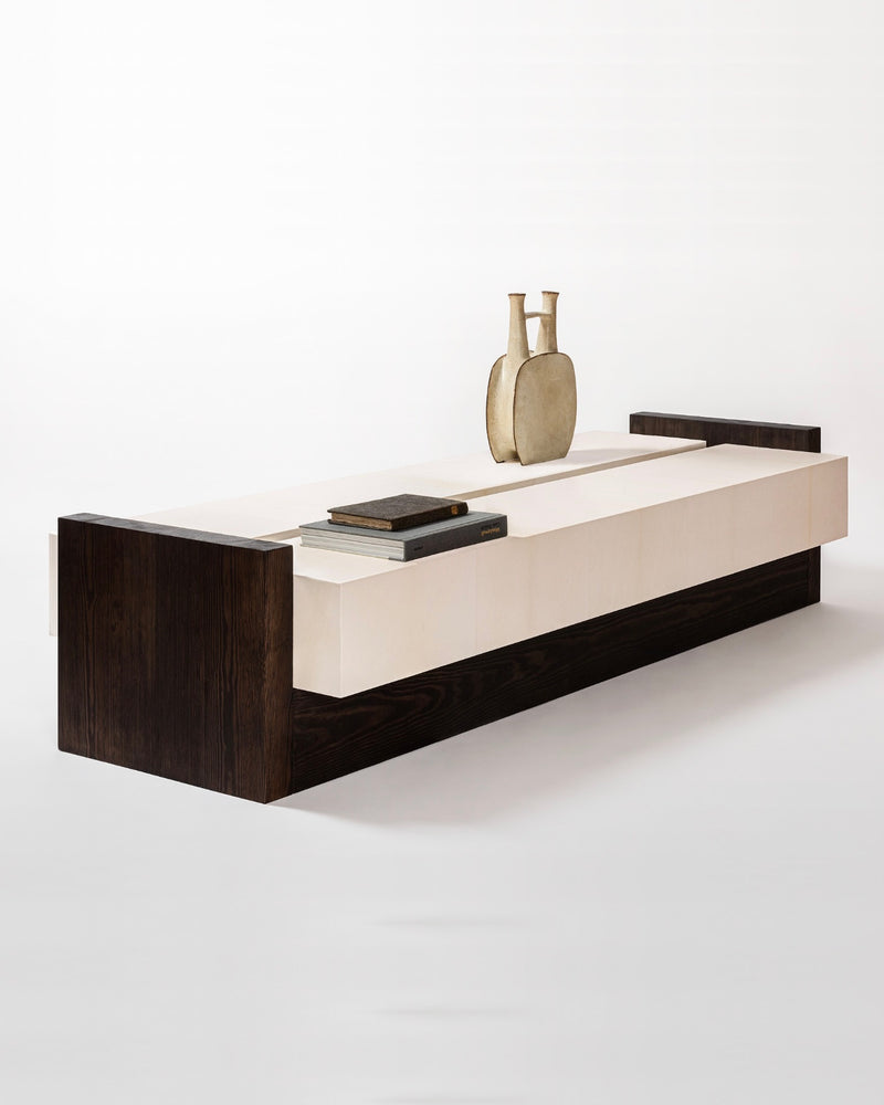 ATTICA long parchment coffee table with dark wood base by GIOBAGNARA