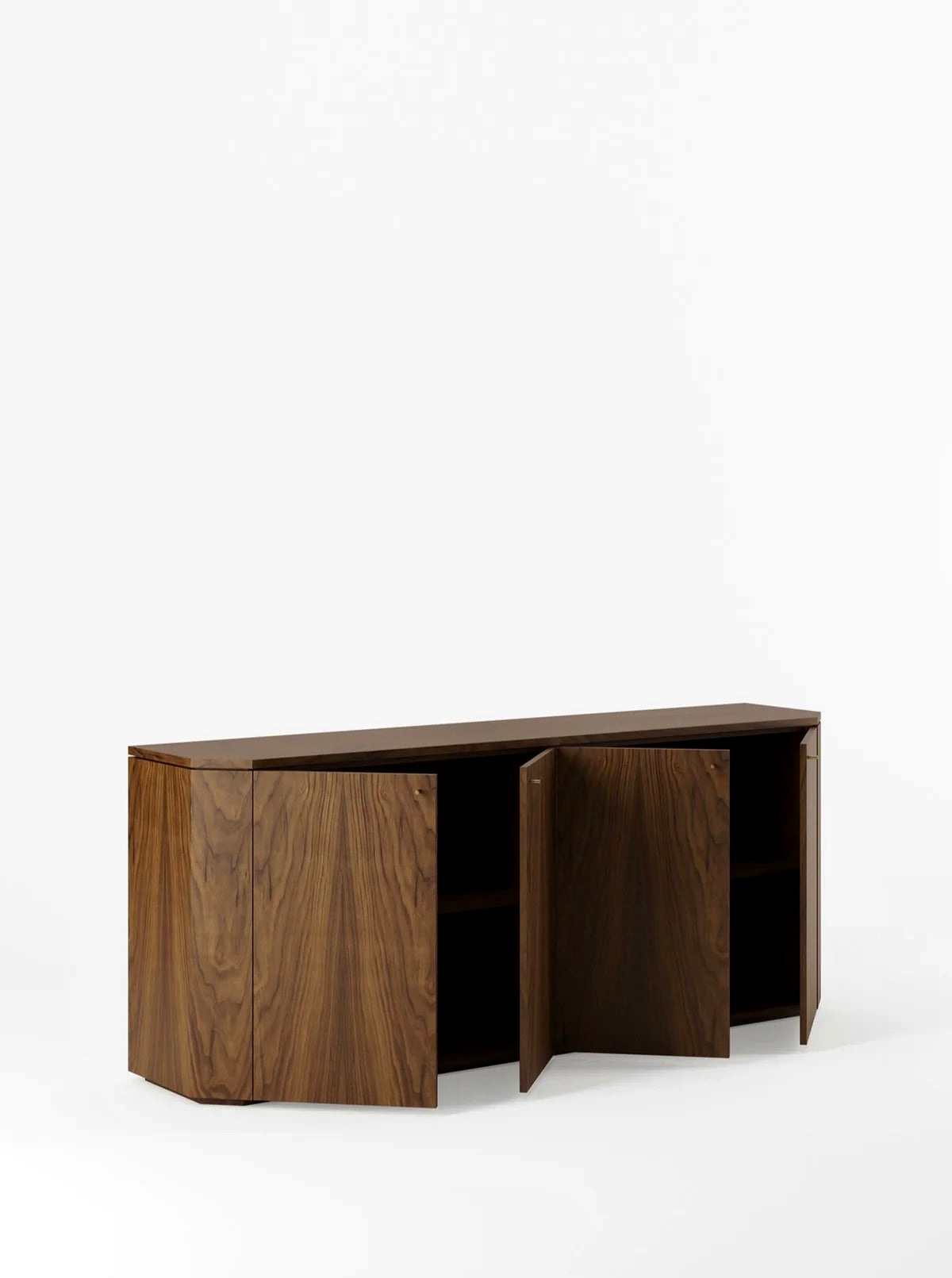 The Winston Server in Walnut by Lemon is a modern wooden sideboard featuring a dark brown finish and three cabinet compartments. The two outer cabinets are slightly open, revealing interior shelves. Its minimalist design and clean lines highlight exceptional design craftsmanship.