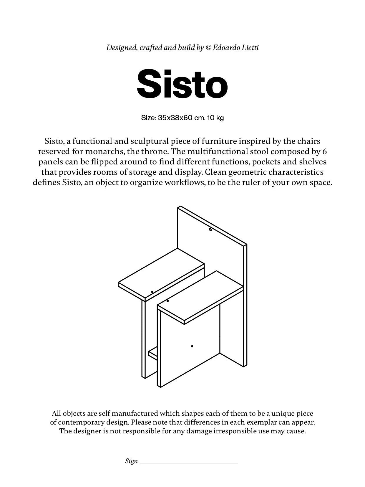 The diagram of the "Sisto" Versatile Wood Chair by Edoardo Lietti Studio highlights contemporary design through panels allowing various configurations. This piece emphasizes geometric shapes and versatility, aiming to optimize storage and display while epitomizing functional furniture.