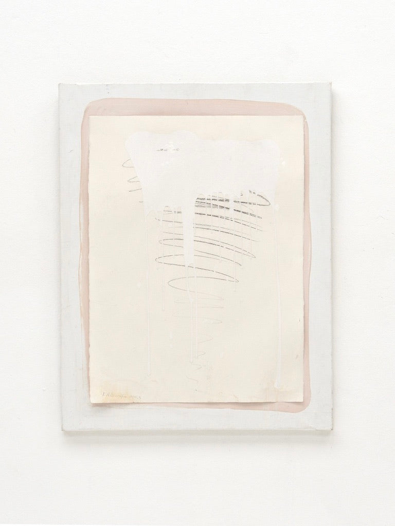 Abstract Mixed Media Composition by J. Naliwajko (1938–2017), 1990—offered by Tom Bogle—features minimalist pale beige and off-white tones, a central white space over soft gray lines, and pinkish-beige borders for a layered texture.