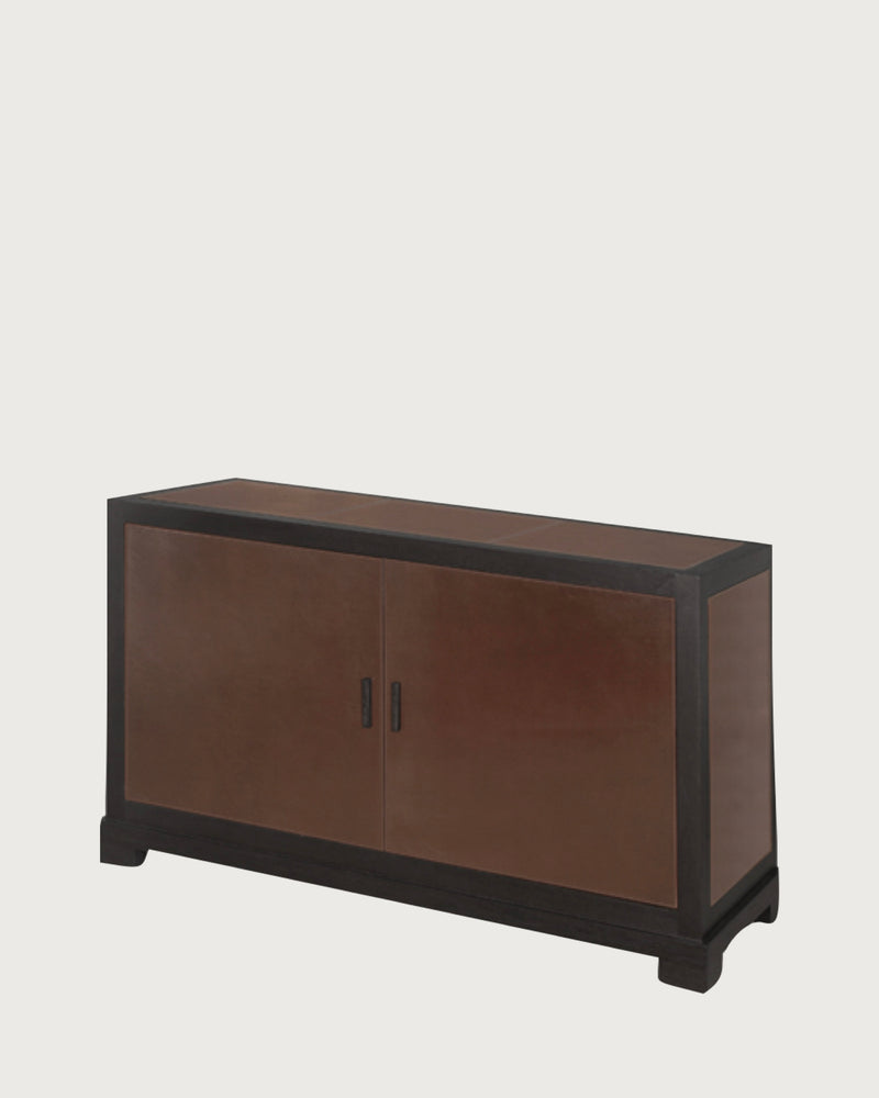 Modern two-door sideboard cabinet with walnut wood and dark frame