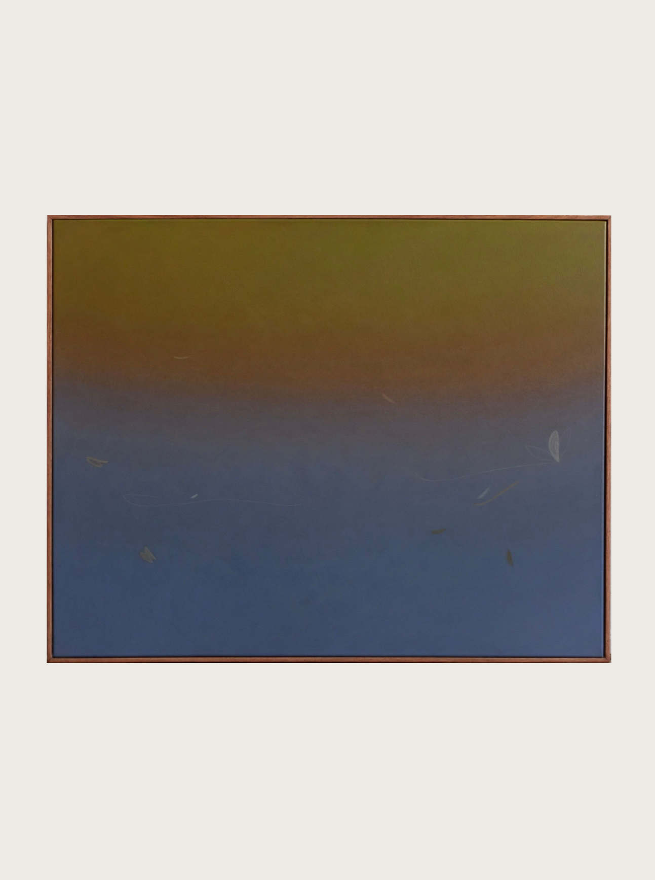 Product Description: "Something(s) in the air, 2024" by Rebecca von Matérn is an acrylic on canvas painting with a rectangular shape. The artwork features a gradient background that transitions from dark green at the top through brown to blue at the bottom. The design includes subtle, light-colored brushstrokes and shapes scattered throughout. This elegant piece is beautifully framed by a classic oak border.