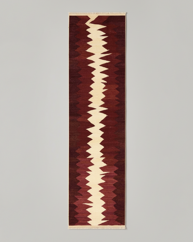 Zig Zag Kilim Runner - Handwoven Rug by ISHKAR | The Oblist — red and cream colors, handcrafted