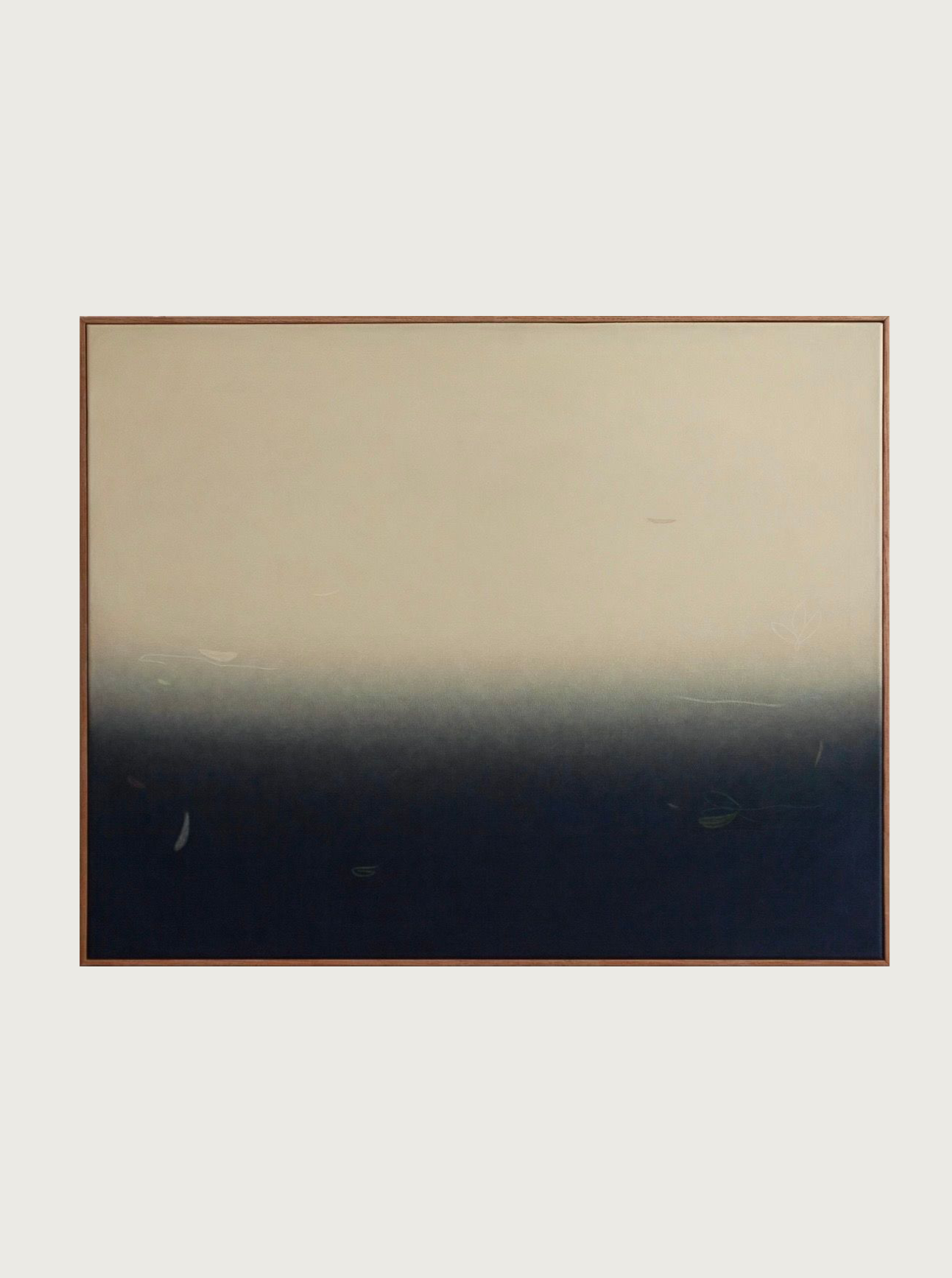 Moonlight, 2024 by Rebecca von Matérn is a rectangular acrylic painting on canvas. The artwork features a gradient transition from light beige at the top to dark blue at the bottom and is framed in a thin oak frame. Measuring 82x102 cm, it showcases a minimalistic and abstract style.