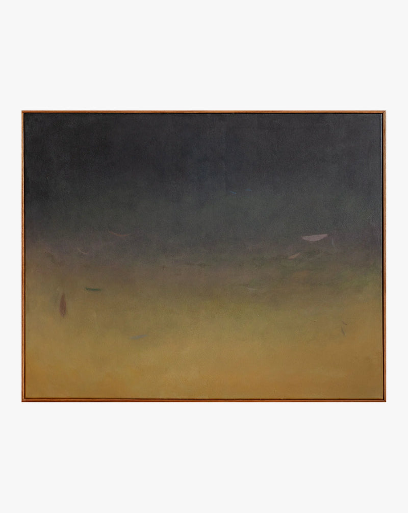 Abstract painting by contemporary artist Rebecca von Matärn, with a dark top gradually blending into a light, warm yellowish bottom, possibly depicting a foggy, dim landscape. Minimalist details with Ponds & Breezes #3, 2023 by Rebecca von Matérn.