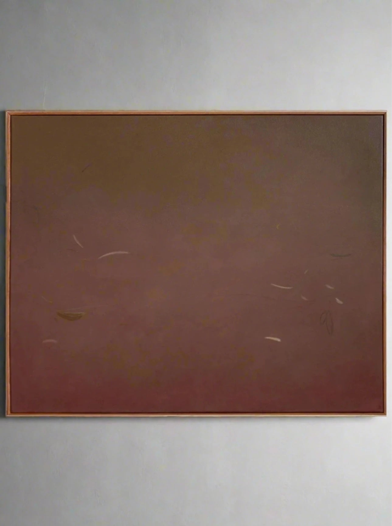 Abstract painting featuring Ponds & Breezes #2, 2023 by Rebecca von Matérn with a dark reddish-brown background with subtle, sparse lines and leaf-like shapes scattered throughout, creating a serene and minimalistic composition.