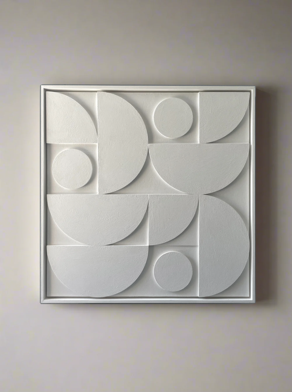 A white framed modern artwork featuring an abstract pattern of geometric shapes on a white background. The composition includes half-circles, full circles, and rectangles arranged in a symmetrical, minimalist design. This Composition105 frame by Sean Thornhill is mounted on a neutral-colored wall.