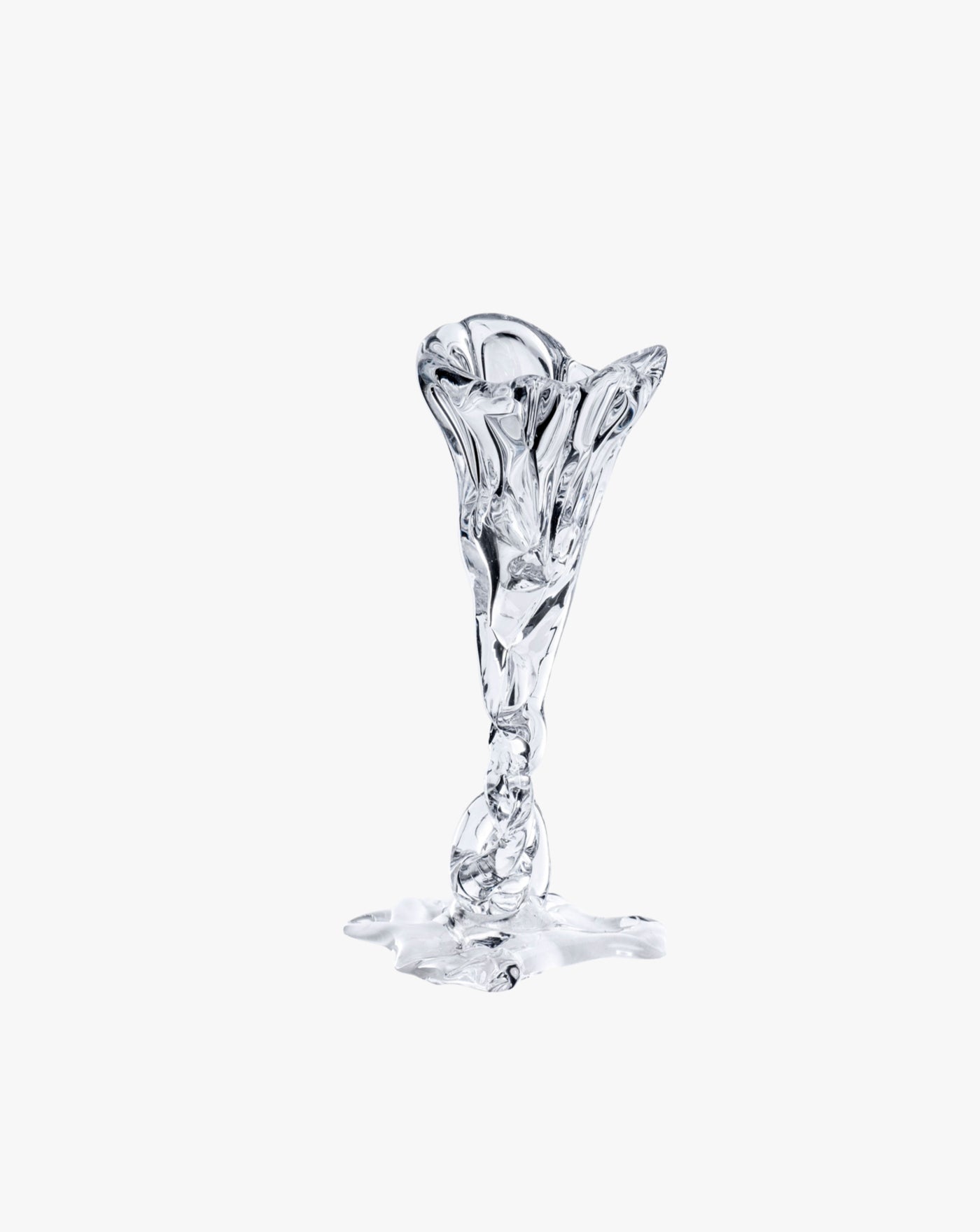 An intricate ice sculpture resembling a Spiky Cocktail Glass - Transparent #2 on a slender stem, captured against a plain white background, highlighting its detailed and delicate design by Szkło Studio.