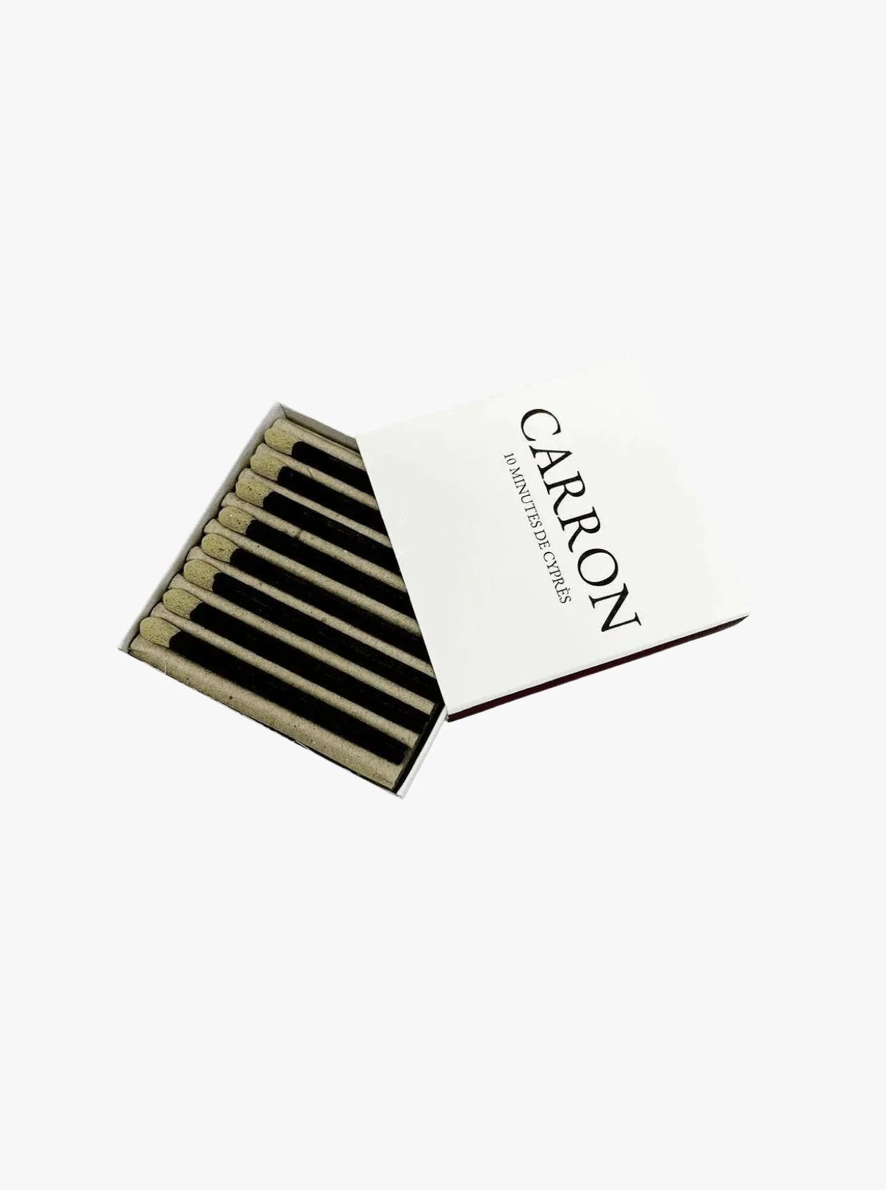 An open matchbook of "Incense Matches with Censer Box" from Carron, with several incense matches visible, set on a white background.