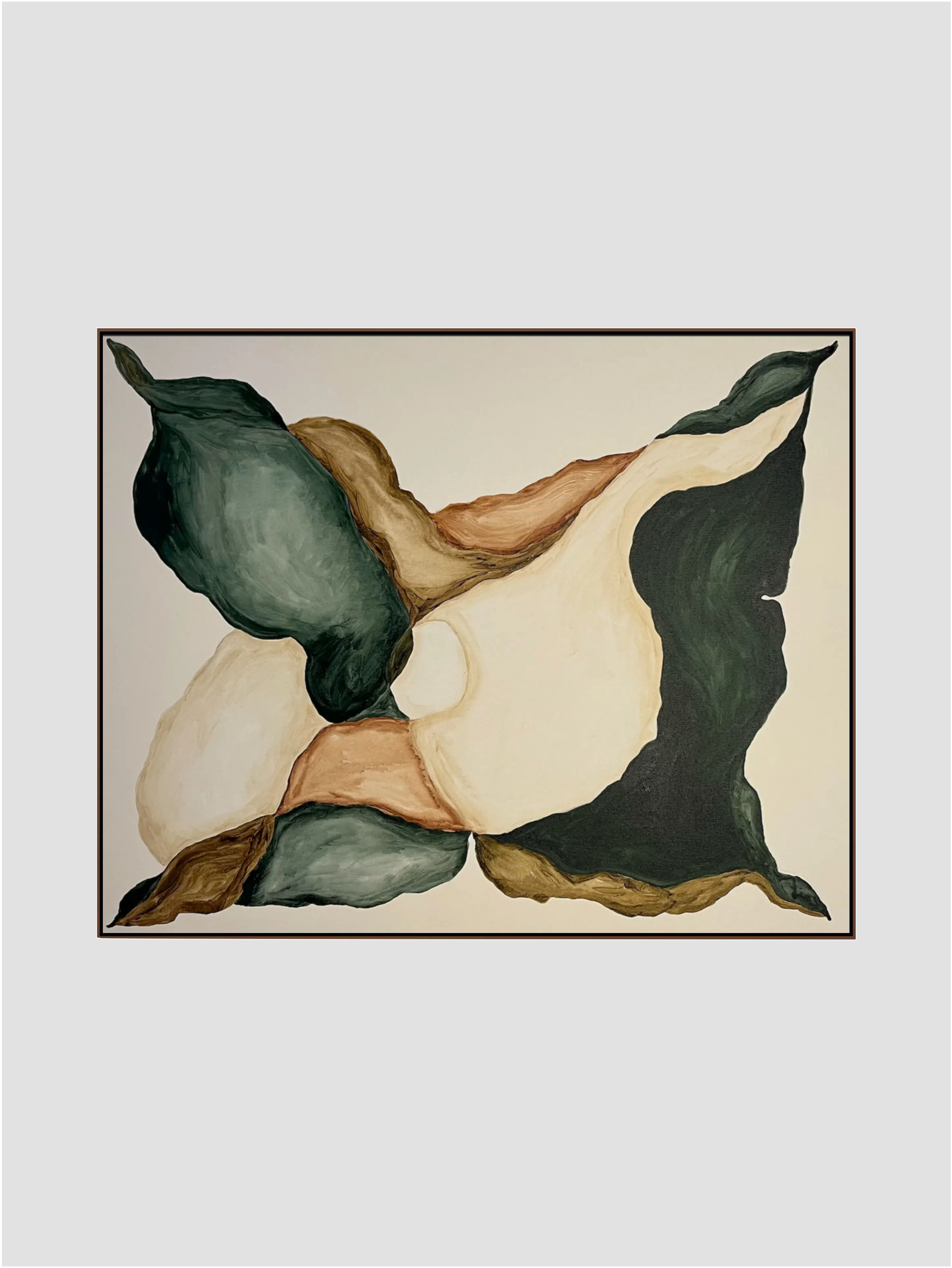 The "ELDRA" Painting by Anna Mörner features handmade abstract art with interlocking organic shapes in green, brown, black, and cream tones on a light background. The botanic-inspired design creates movement and depth, complemented by a thin frame.