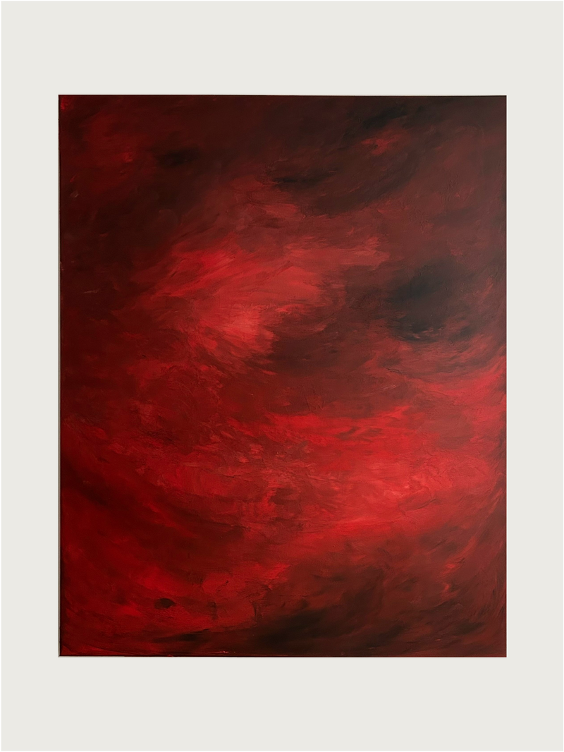 The "Ember’s Whisper" painting by Mattias Storm showcases swirling shades of red and black that form an abstract, fiery effect. The colors blend seamlessly to suggest movement and depth, all enhanced by a plain white background within an elegant oak frame.