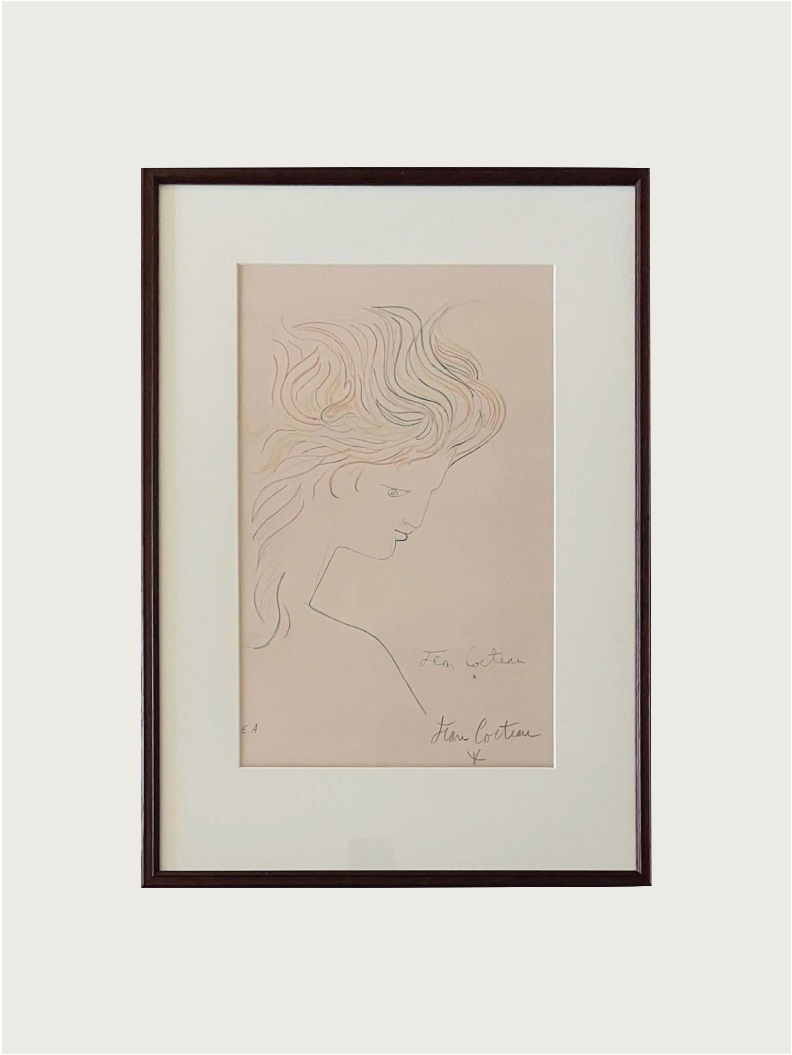 Jean Cocteau Signed Lithograph by Médecine, featuring a minimalist depiction of a woman in profile with flowing hair. The artwork showcases delicate curves and is signed in pencil in the bottom right corner on a soft, pale pink background.