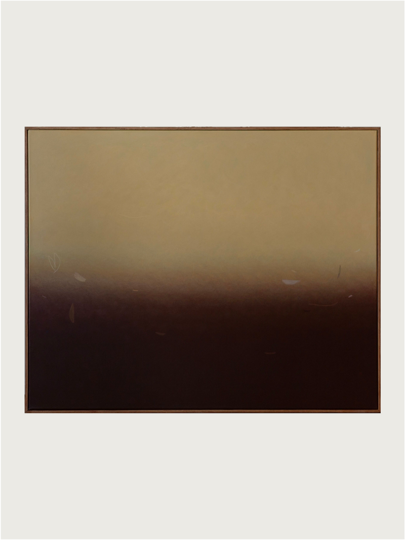 The "Something(s) in the air", 2024 painting by Rebecca von Matérn showcases abstract art with a seamless gradient transitioning from light tan at the top to dark brown at the bottom, evoking a tranquil, horizon-like effect. Crafted with acrylic on canvas and elegantly framed in oak, this piece exudes serene artistry.