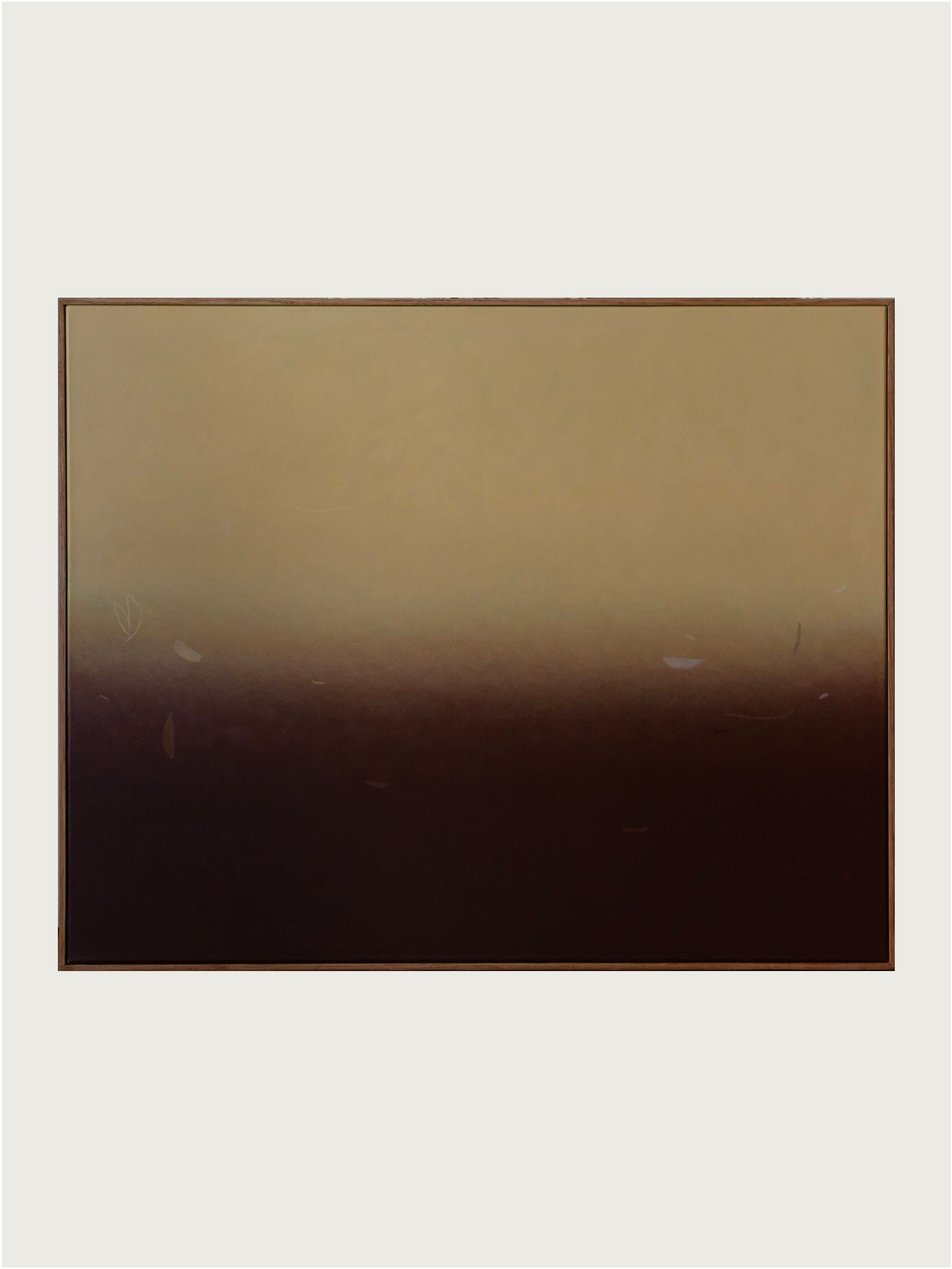 The "Something(s) in the air", 2024 painting by Rebecca von Matérn showcases abstract art with a seamless gradient transitioning from light tan at the top to dark brown at the bottom, evoking a tranquil, horizon-like effect. Crafted with acrylic on canvas and elegantly framed in oak, this piece exudes serene artistry.