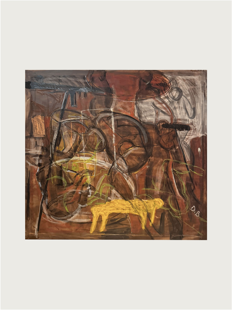 'Hidden Narratives' vol. 01 Painting by Dovile Bernotaite showcases an abstract composition with bold, swirling lines and dark, earthy tones. It features layered textures and a striking yellow shape at the bottom. The tangled strokes in black, brown, and touches of green form a chaotic yet harmonious design with strong color contrasts set against a beige background.