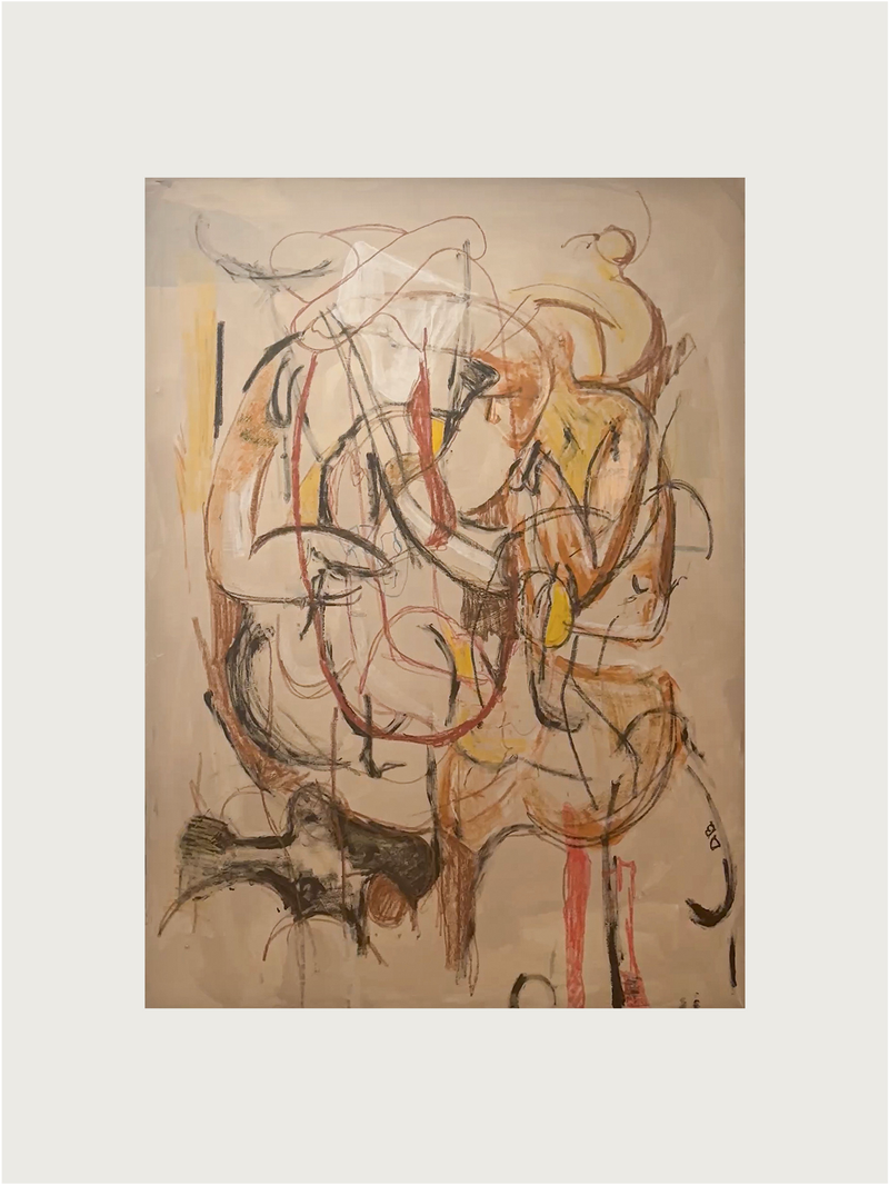 The 'Memory of the Body' Painting by Dovile Bernotaite features swirling lines and shapes in beige, brown, red, and yellow. Overlapping forms and brushstrokes on a neutral background create a dynamic sense of movement with earthy tones.