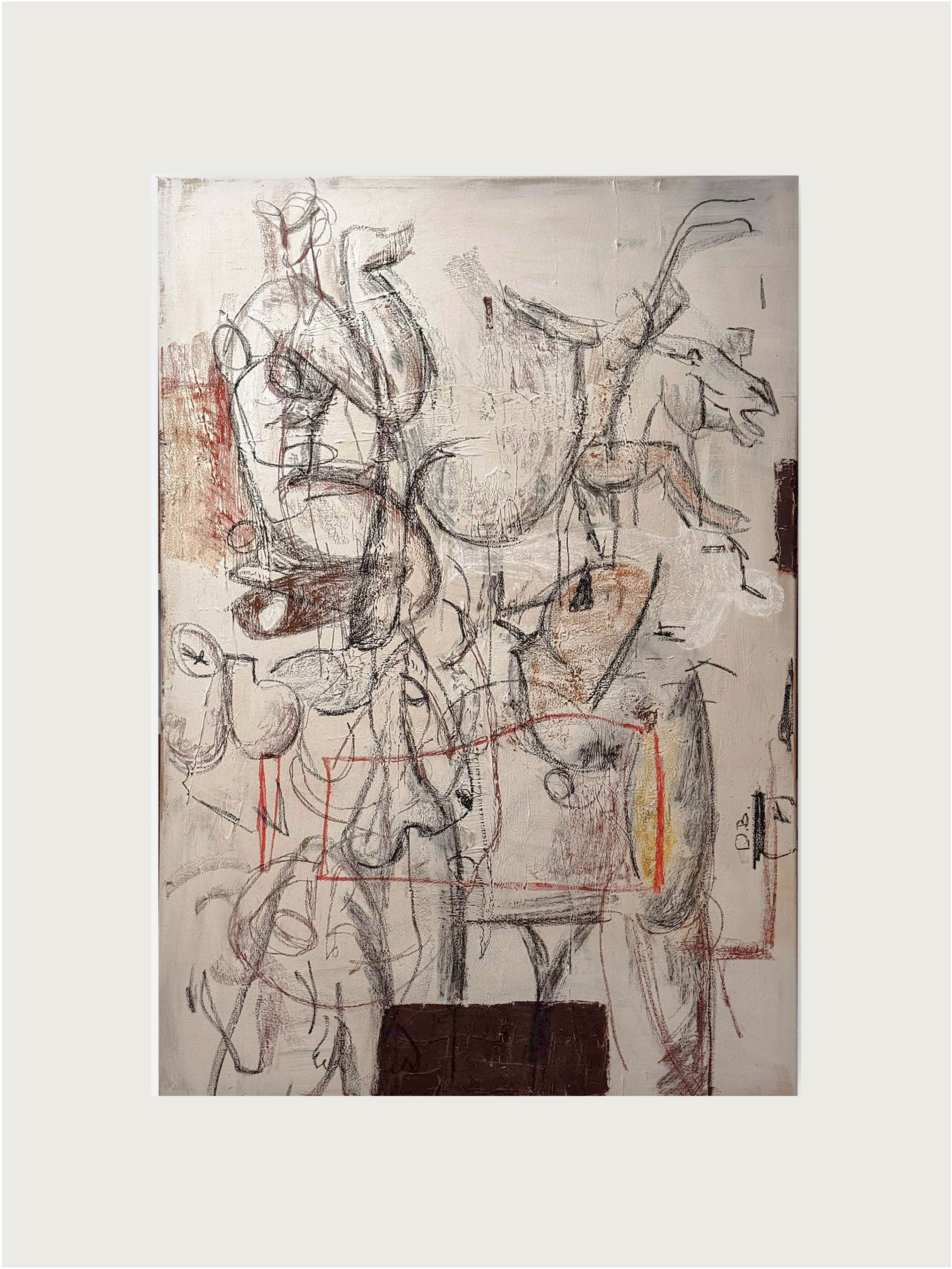 Memory notes" by Dovile Bernotaite is a mixed media canvas featuring intertwining black and gray lines with faint red and brown accents on light beige, evoking emotion through its chaotic, dynamic composition that suggests movement, complexity, and intricate layers of memory.