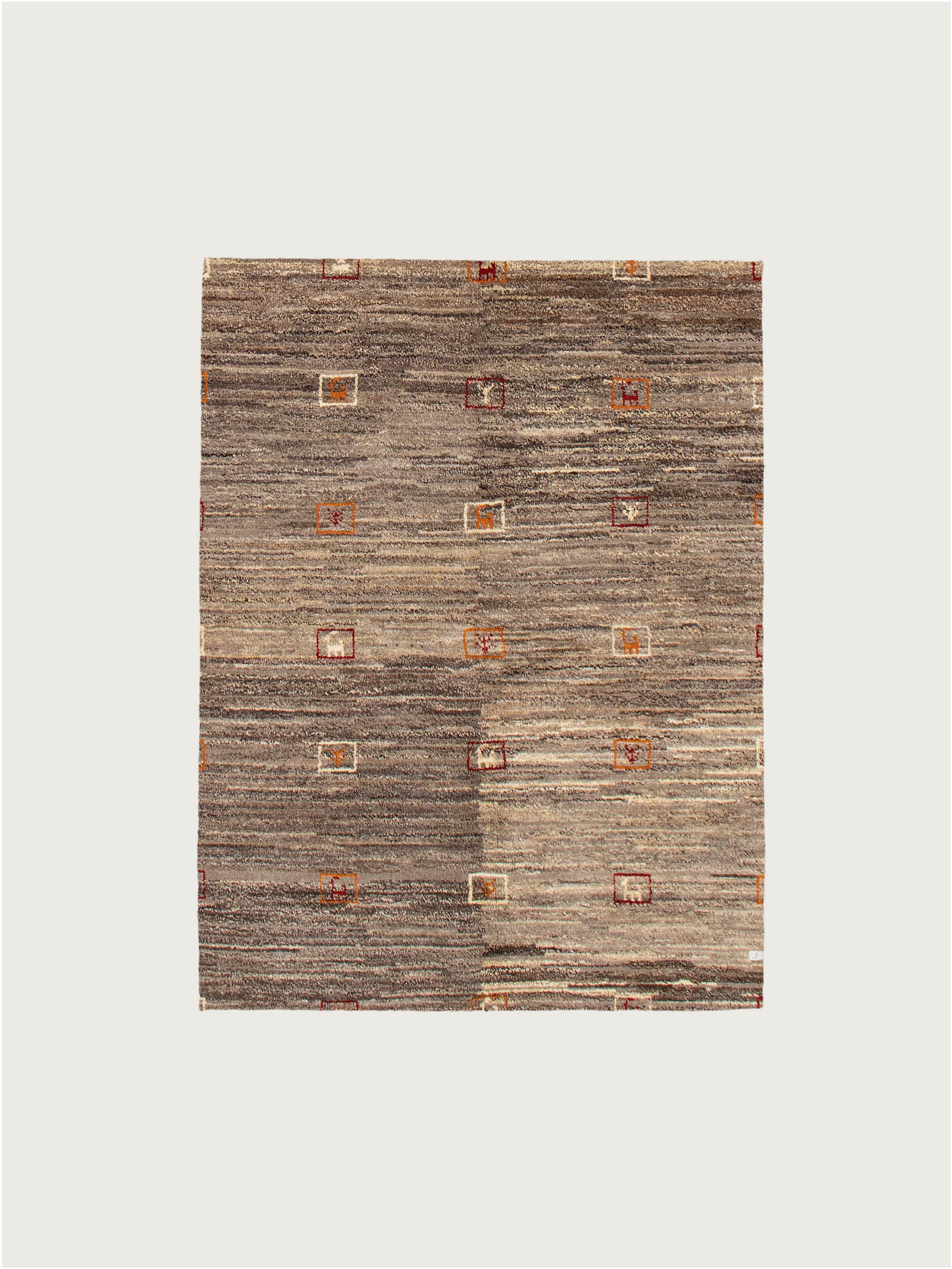 The Gabbeh Rug in Sable by catalog:three features unique square design with striped brown and beige patterns, plus small red, orange, and beige rectangular accents symmetrically placed across a thick plush pile on a white backdrop. Size: 174 x 232 cm.