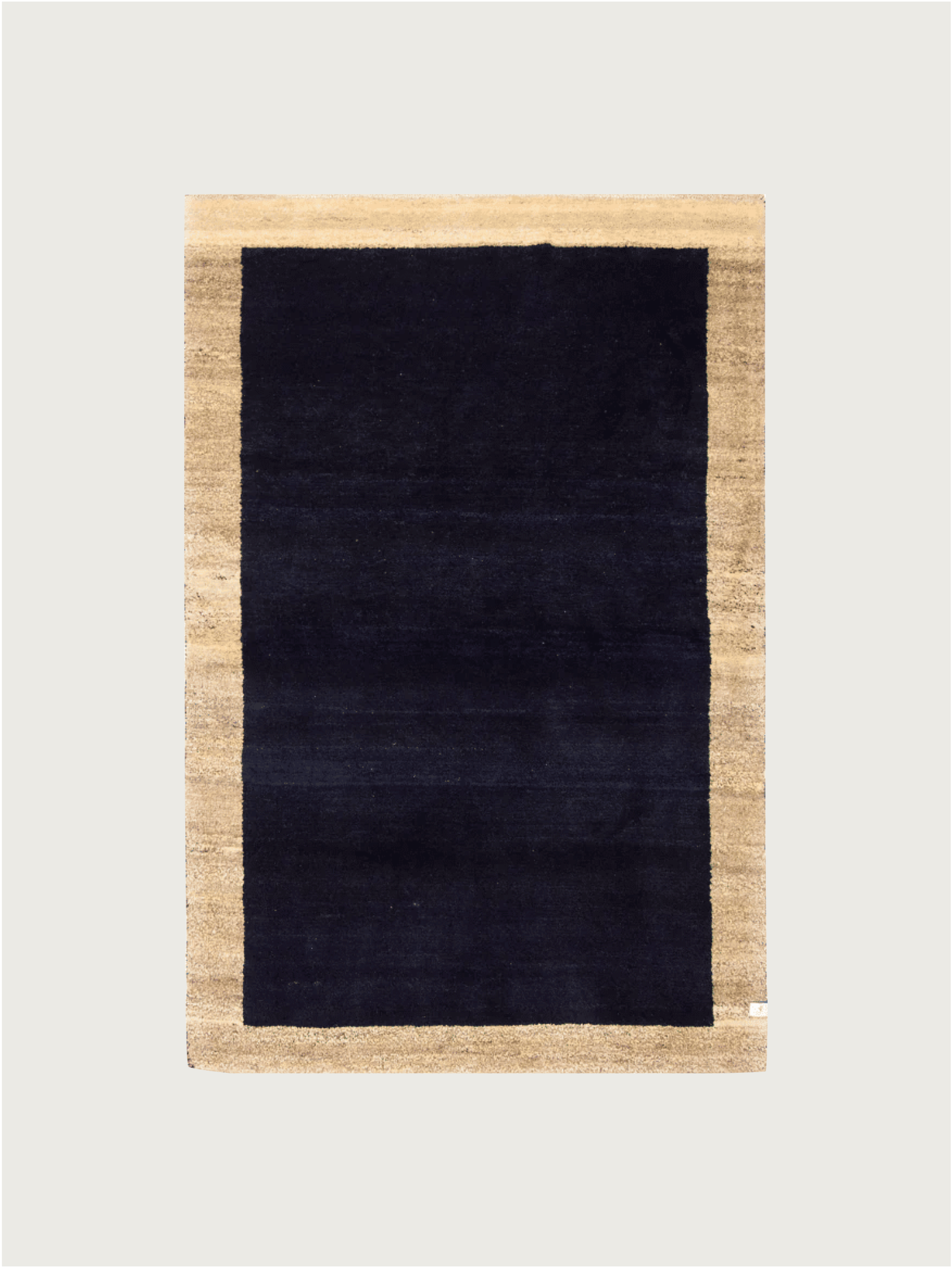 Discover the Gabbeh Rug in Midnight by catalog:three, featuring unique coloring with a deep blue center and a light brown border. Dimensions: 93 x 183 cm.