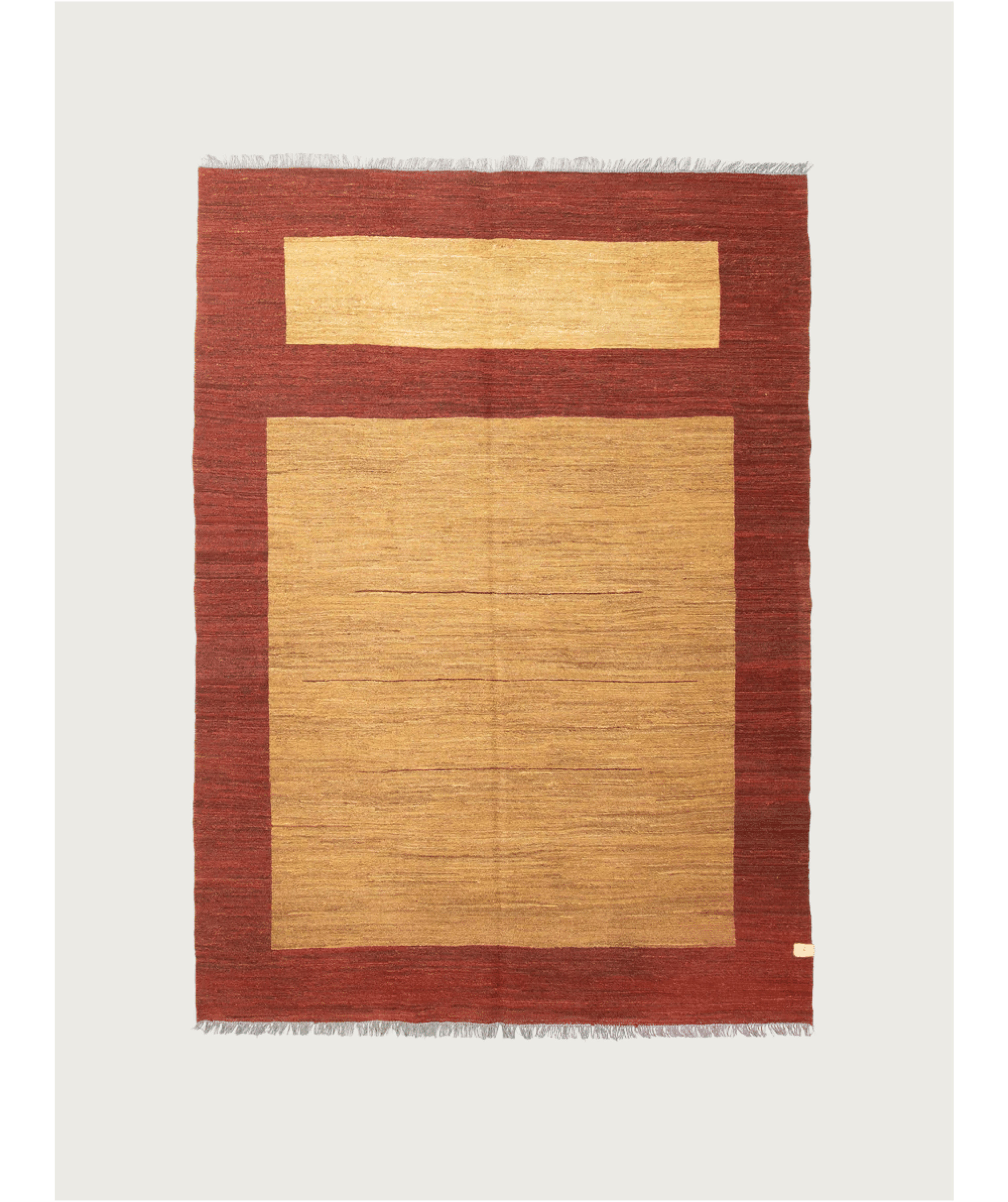 This minimalist rectangular Flatweave Rug in Brick by catalog:three, measuring 173 x 240 cm, showcases a large beige center bordered with a thick reddish-brown outline, featuring a geometric pattern on a plain background.