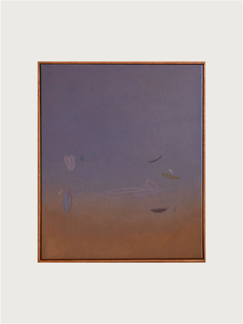 'Seabeds #2,' an abstract painting by Rebecca von Matérn, features a gradient from deep purple to earthy brown with pink, blue, and green brush strokes on acrylic canvas. It comes elegantly framed in simple oak.