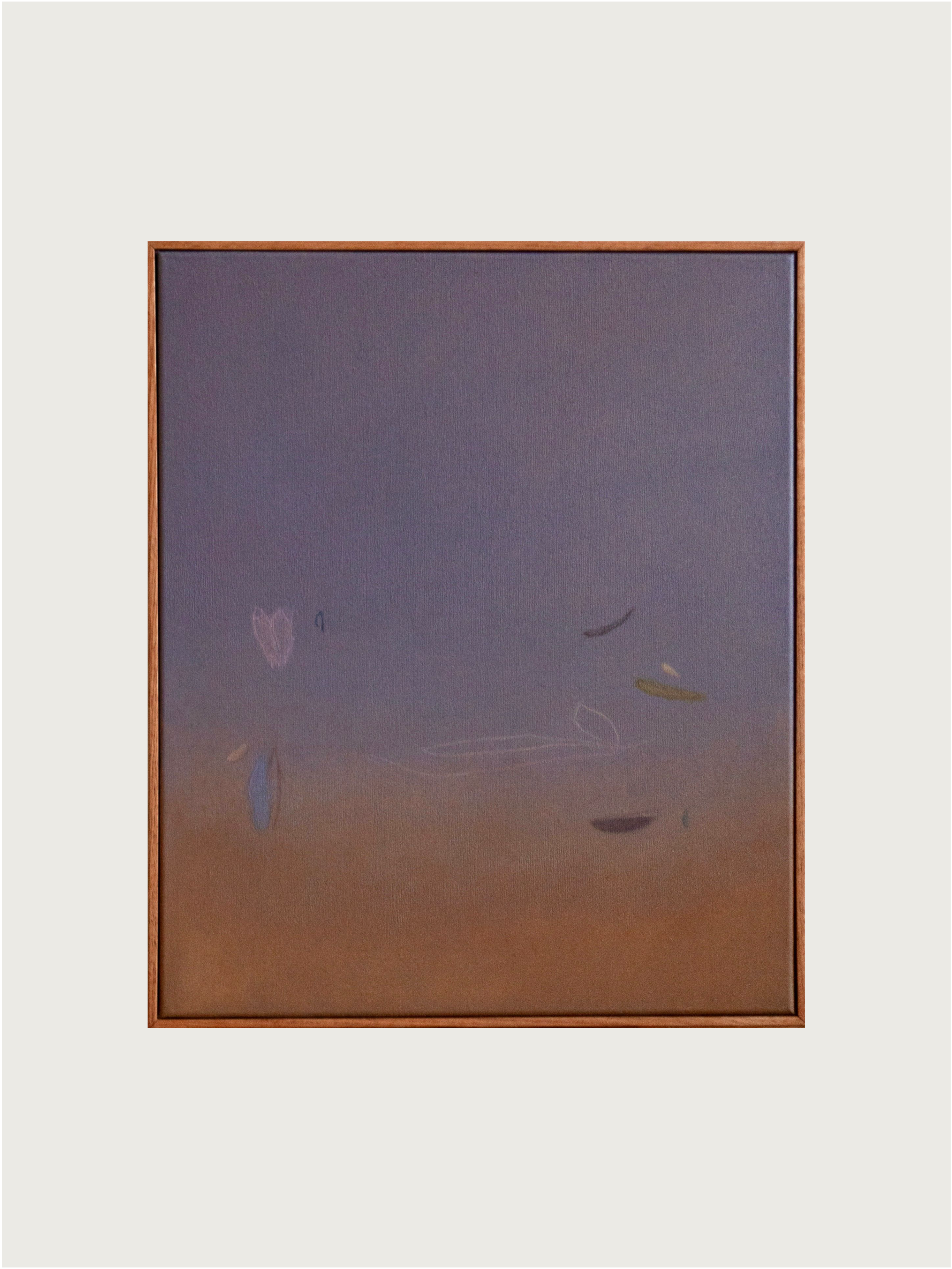 'Seabeds #2,' an abstract painting by Rebecca von Matérn, features a gradient from deep purple to earthy brown with pink, blue, and green brush strokes on acrylic canvas. It comes elegantly framed in simple oak.