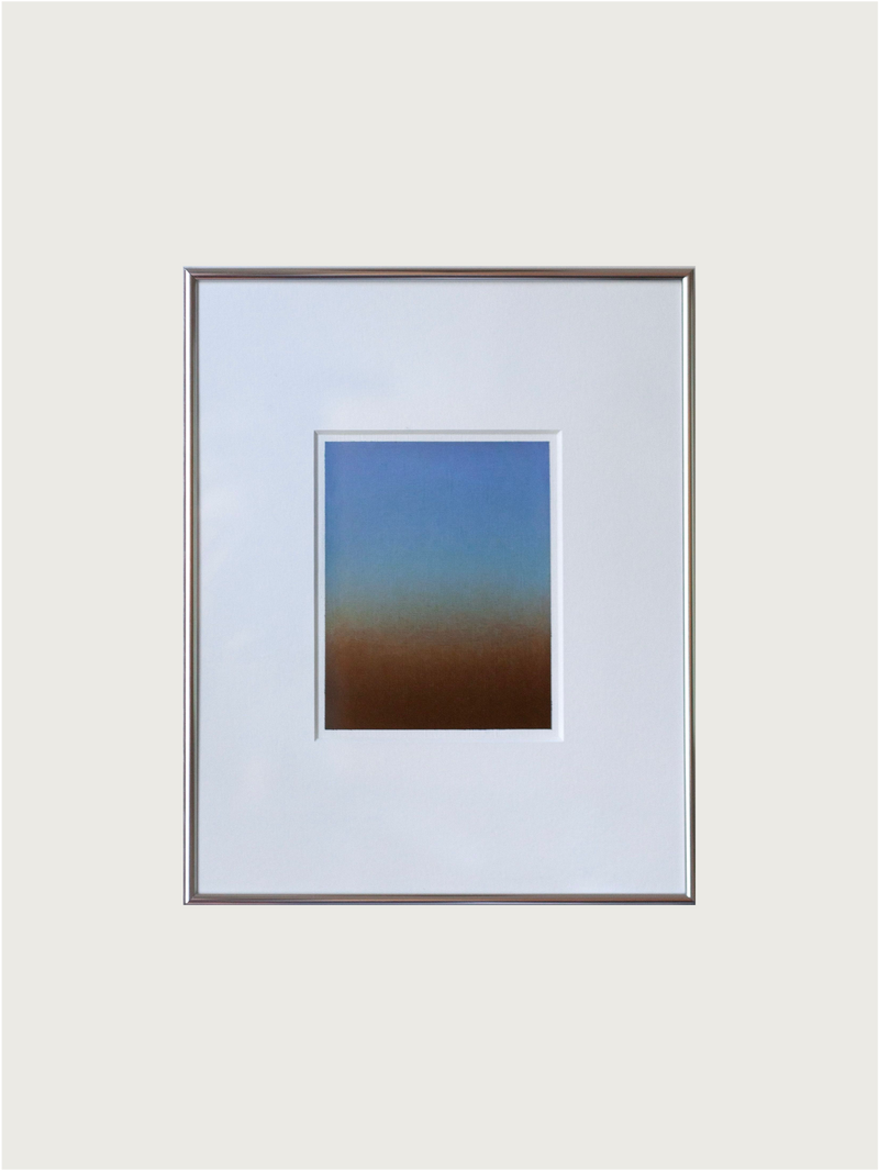 The 'Untitled' Painting, 2024 by Rebecca von Matérn showcases a signed abstract acrylic with a gradient from brown to blue, centered on a white mat in a slim aluminum frame against a light background.