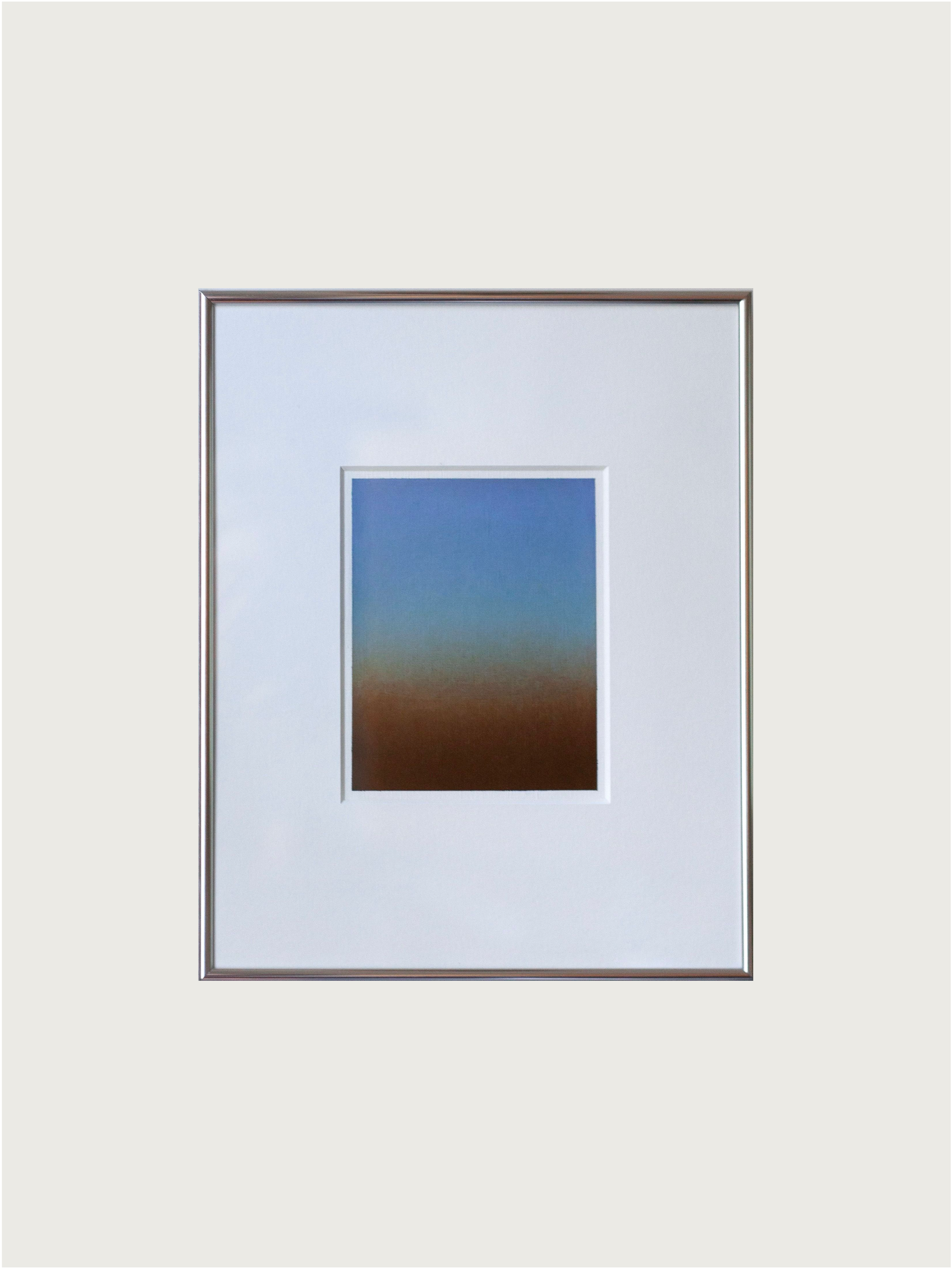 The 'Untitled' Painting, 2024 by Rebecca von Matérn showcases a signed abstract acrylic with a gradient from brown to blue, centered on a white mat in a slim aluminum frame against a light background.